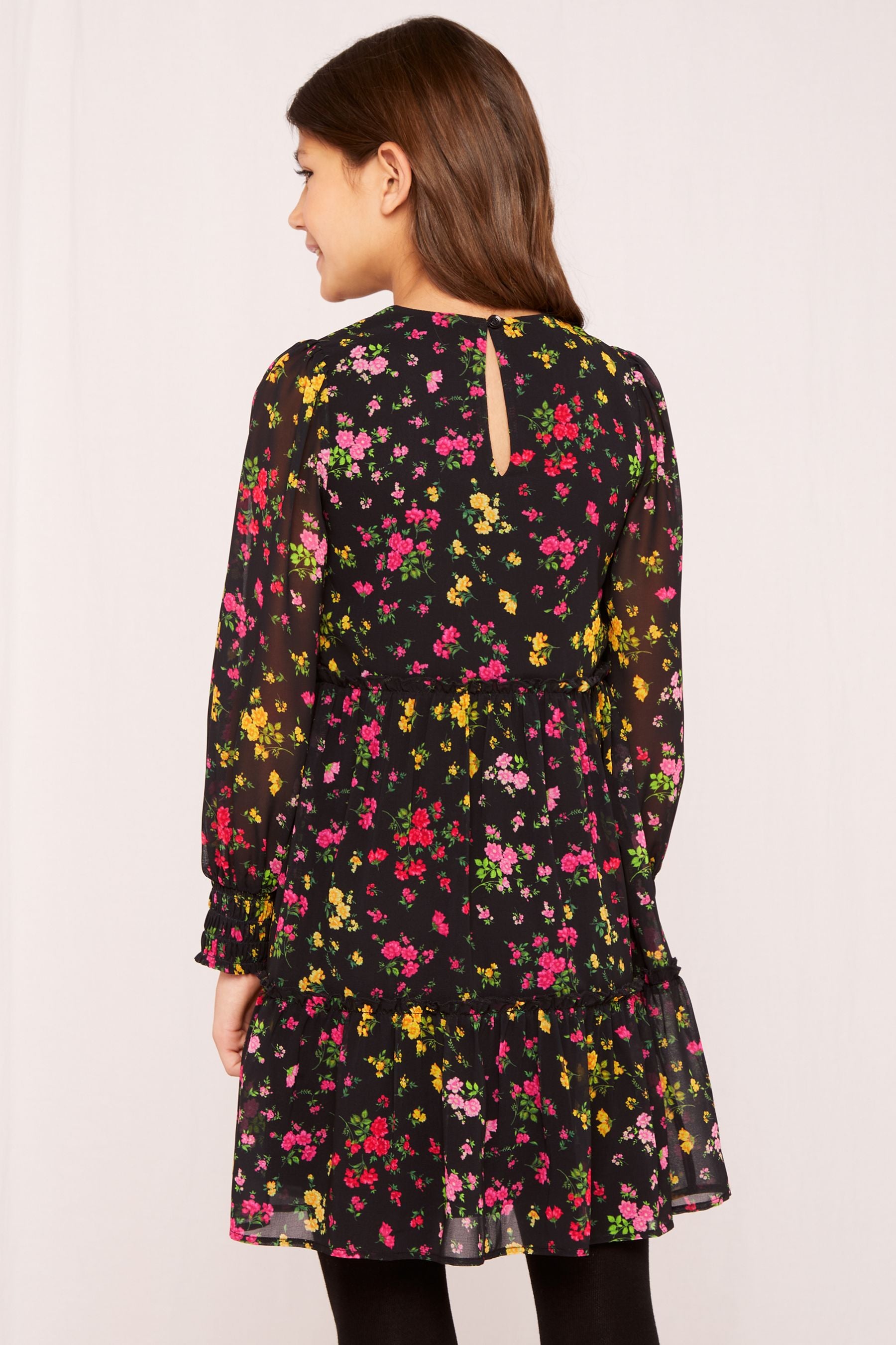 Black Floral Lipsy Long Sleeve Chiffon Dress