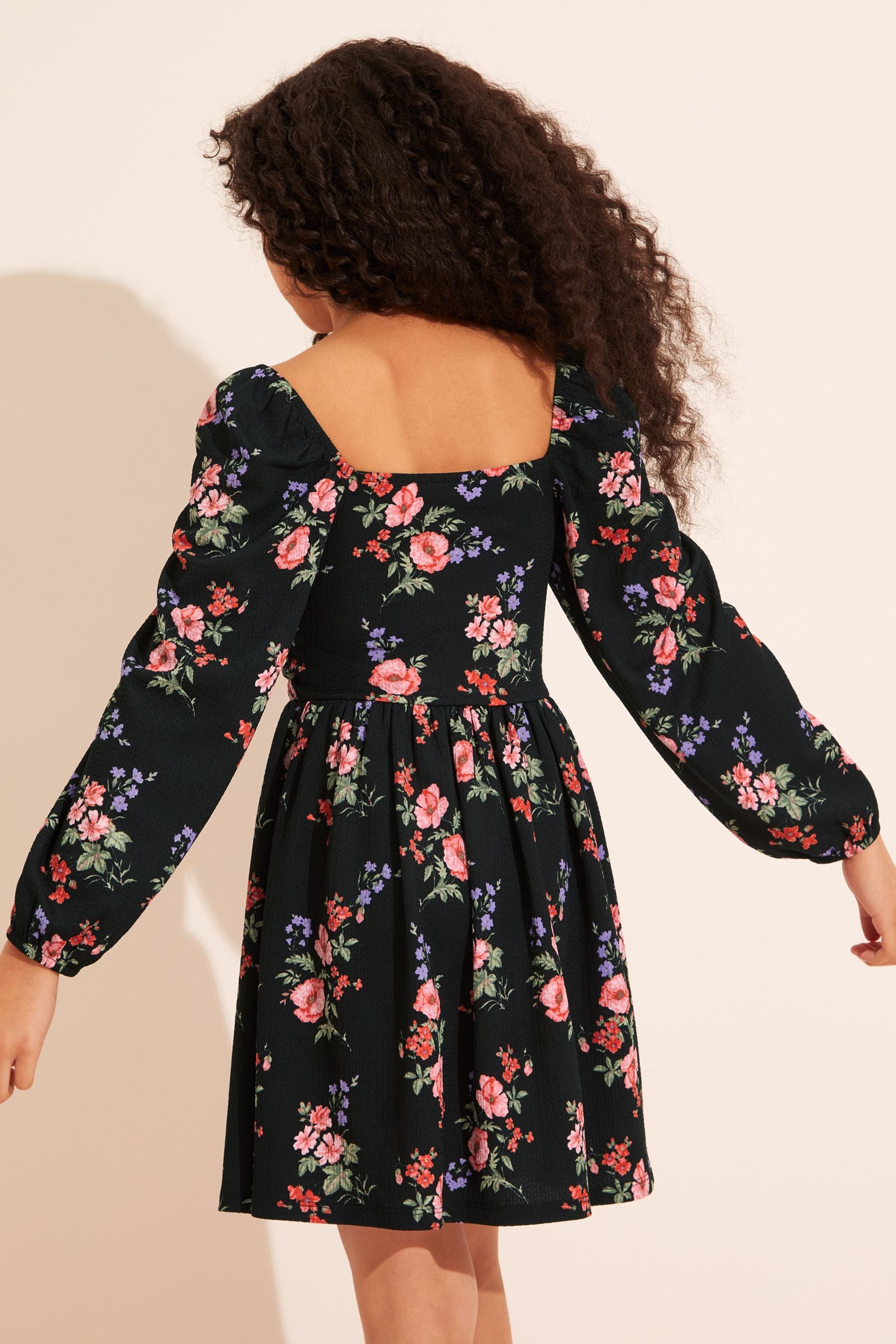 Black Lipsy Floral Shirred Bodice Long Sleeve Dress