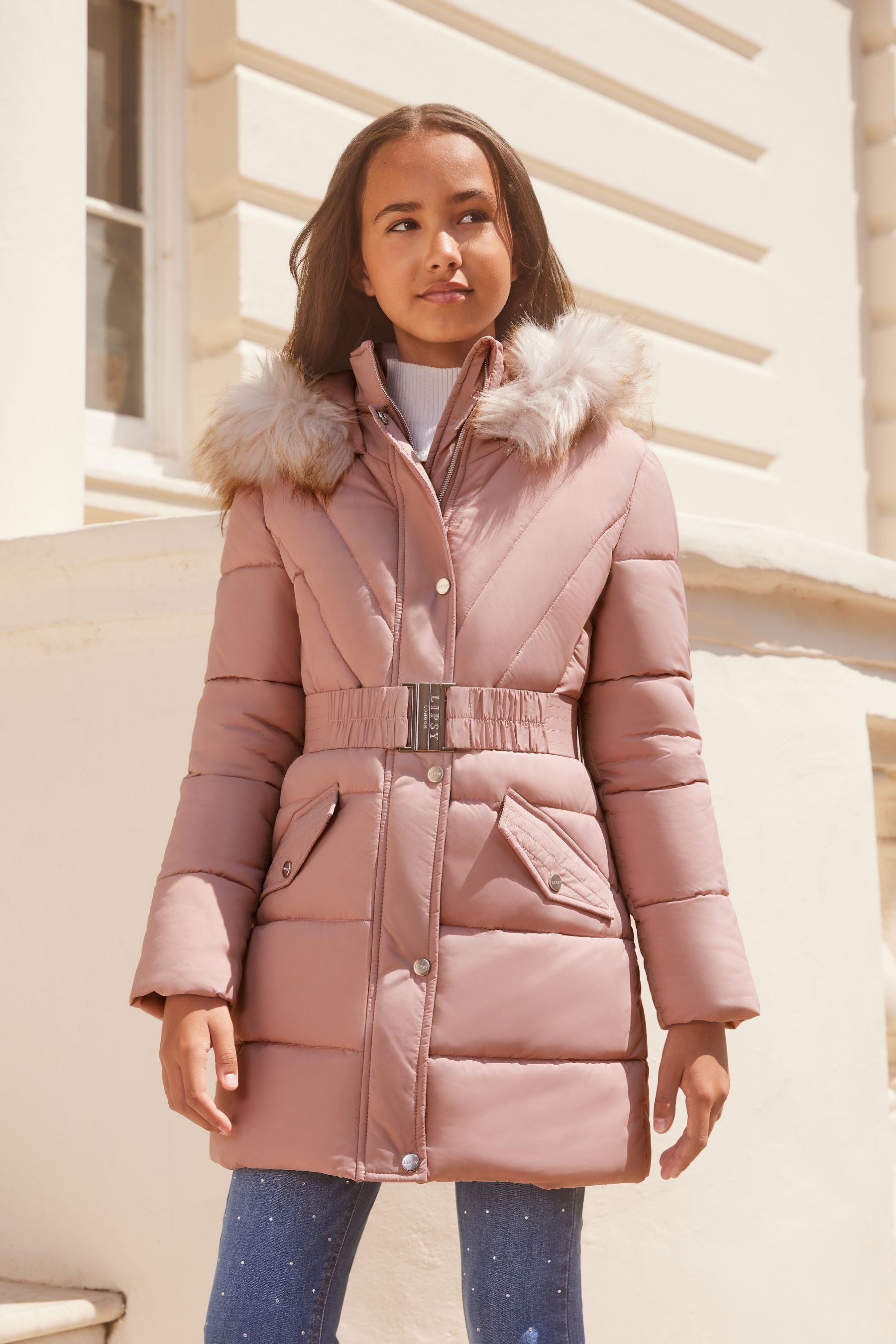 Pink Lipsy Longline Belted Padded School Coat