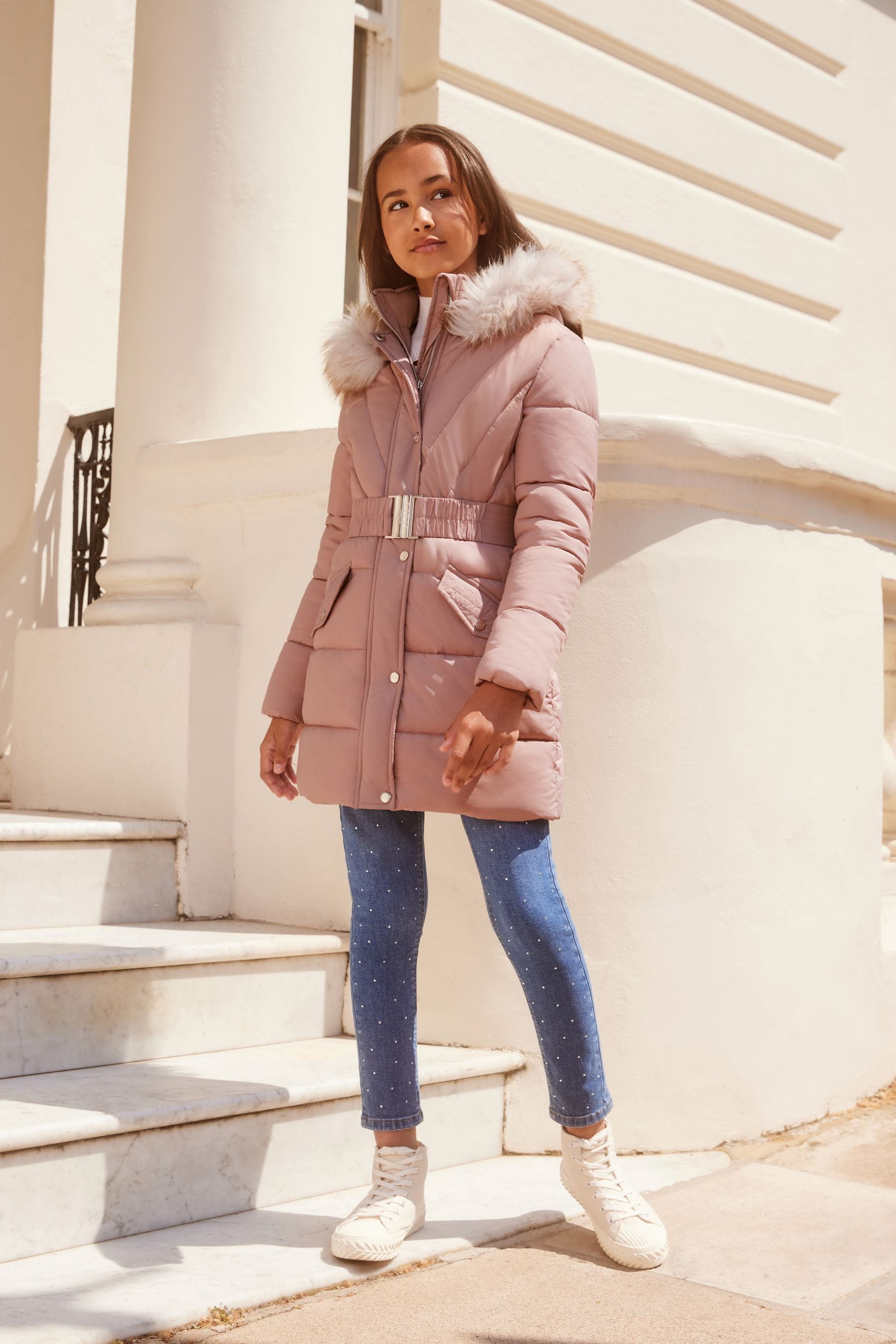 Pink Lipsy Longline Belted Padded School Coat