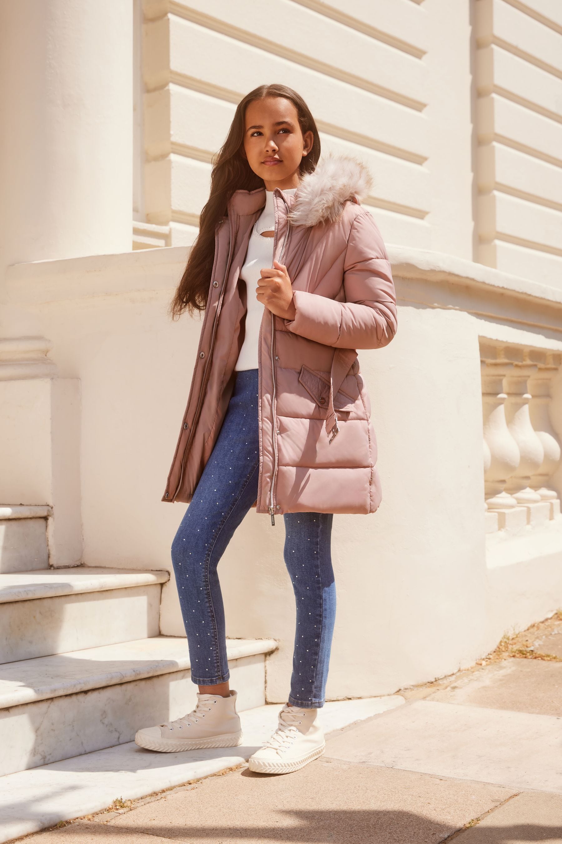 Pink Lipsy Longline Belted Padded School Coat