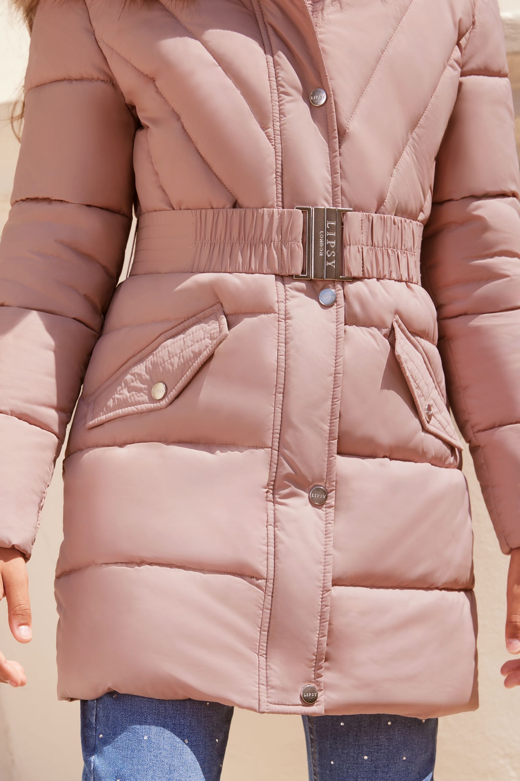 Pink Lipsy Longline Belted Padded School Coat