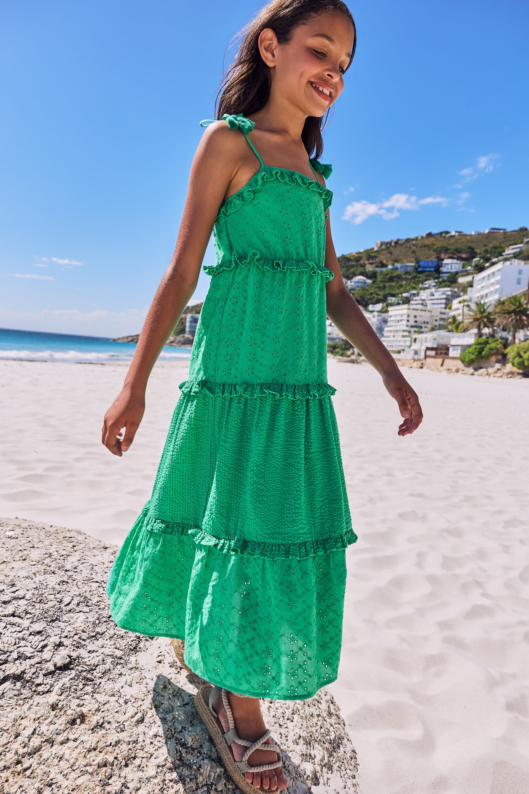 Green Broderie Lipsy Tiered Broderie Maxi Dress