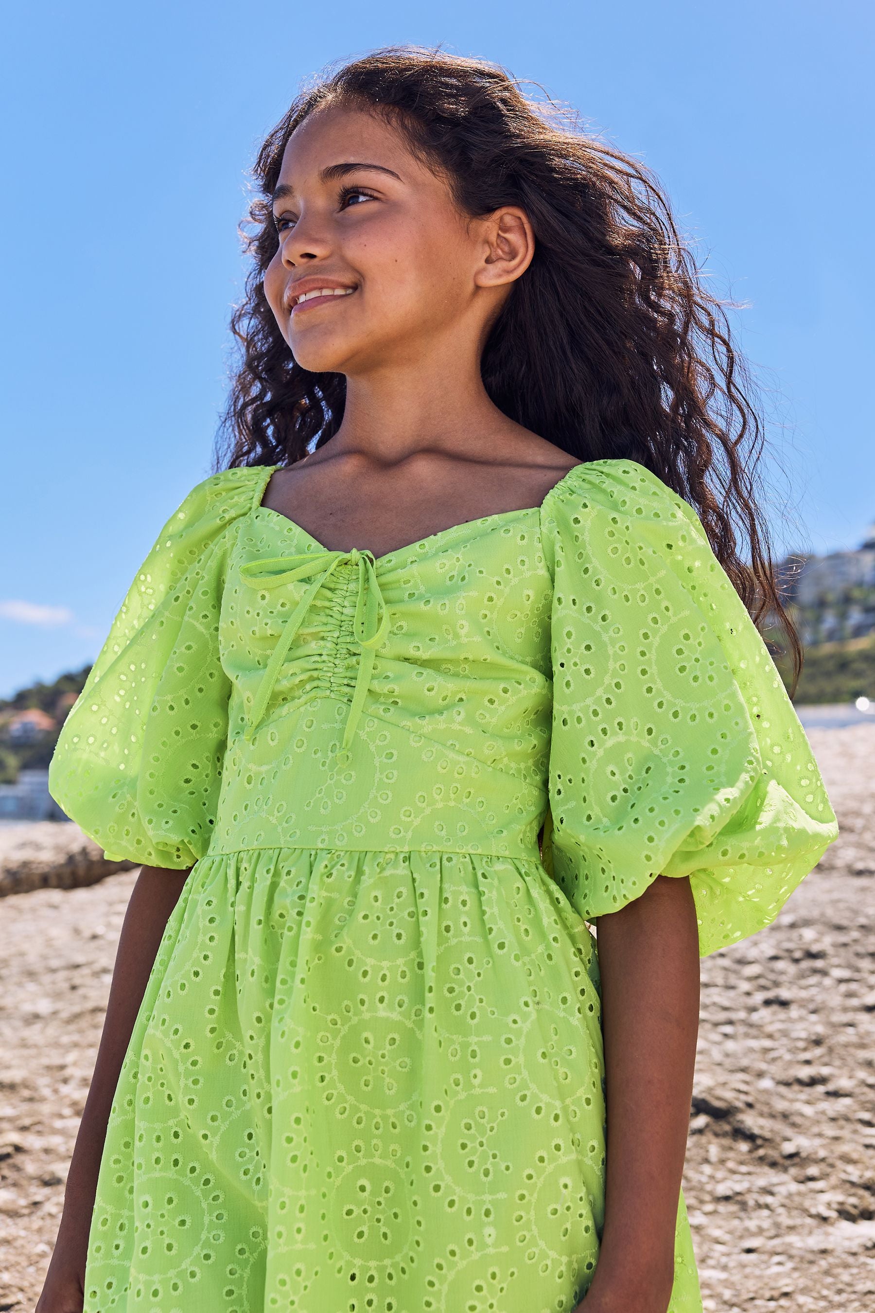 Lime Green Lipsy Broderie Puff Sleeve Trapeze Dress