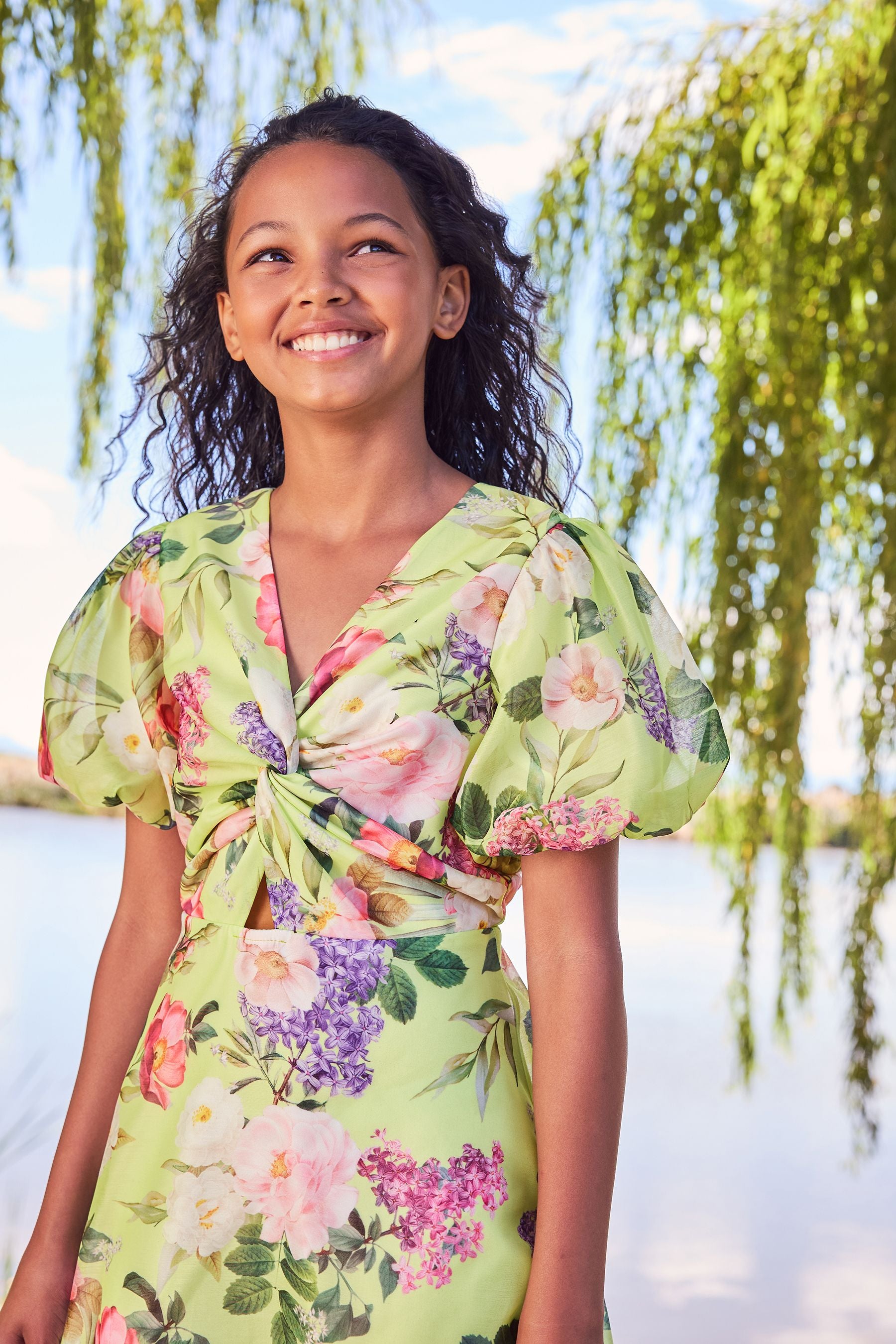 Lime Twist Front Lipsy Puff Sleeve Occasion Dress (3yrs-16yrs)