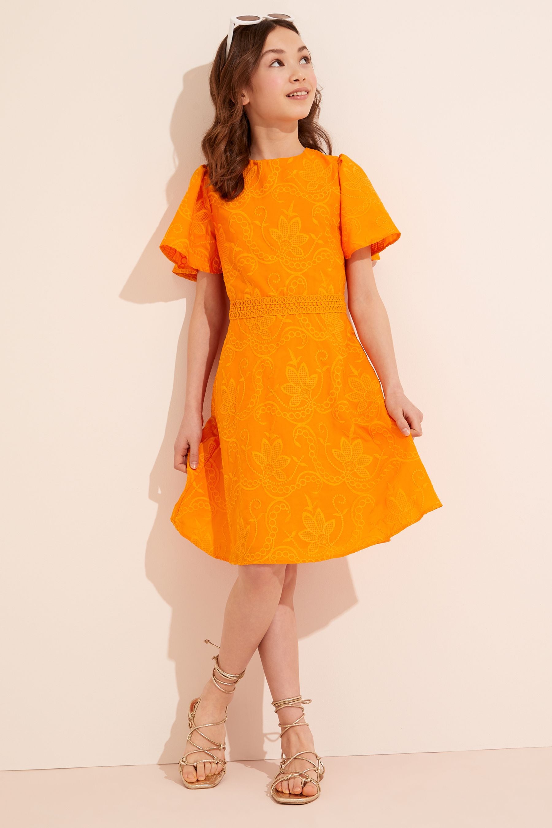 Orange Lipsy Flutter Sleeve Lace Occasion Dress