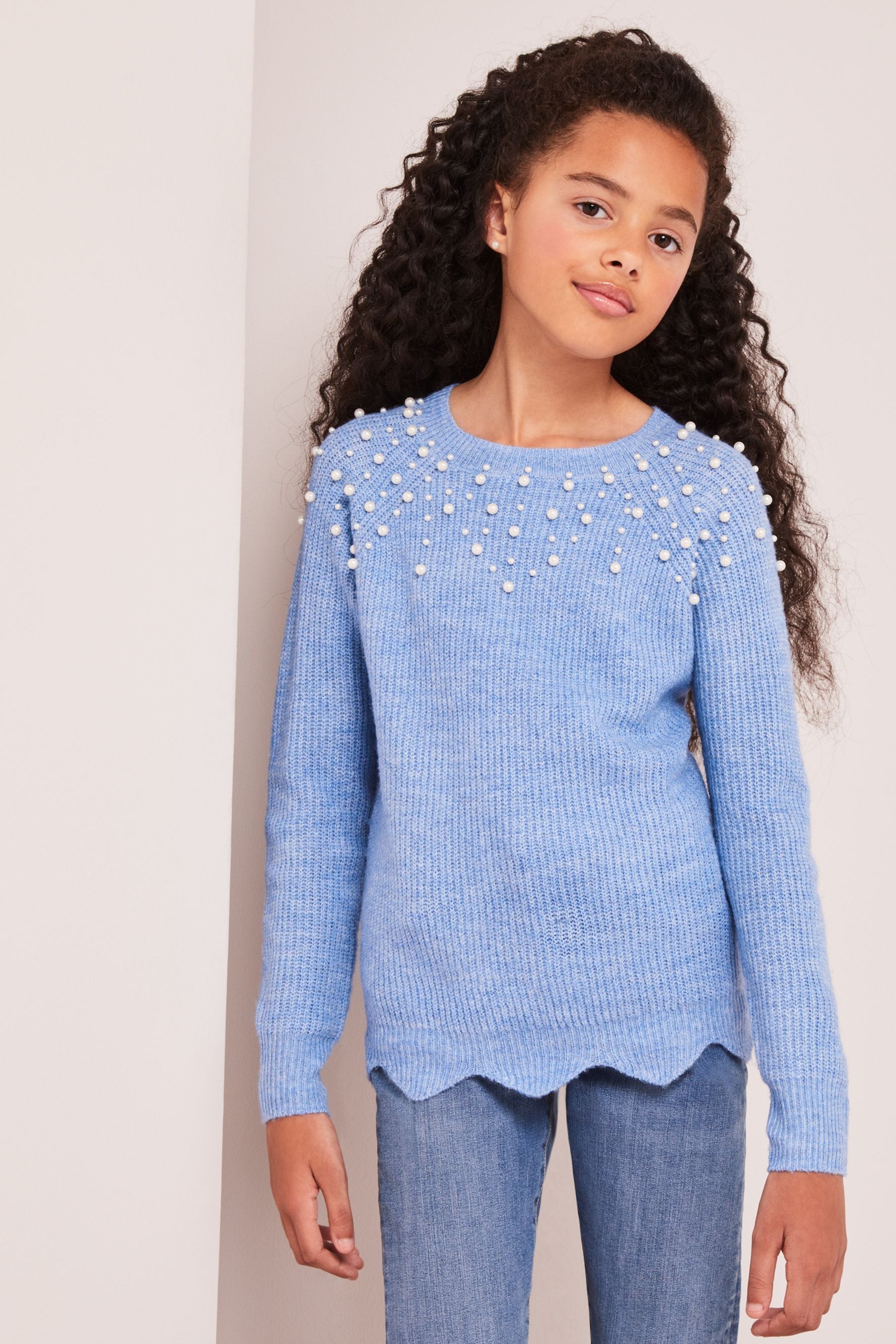 Blue Lipsy Embellished Scallop Hem Knitted Jumper