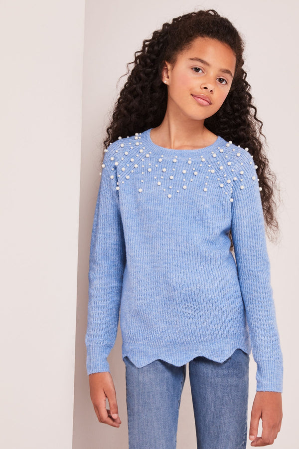 Blue Embellished Scallop Hem Knitted Jumper