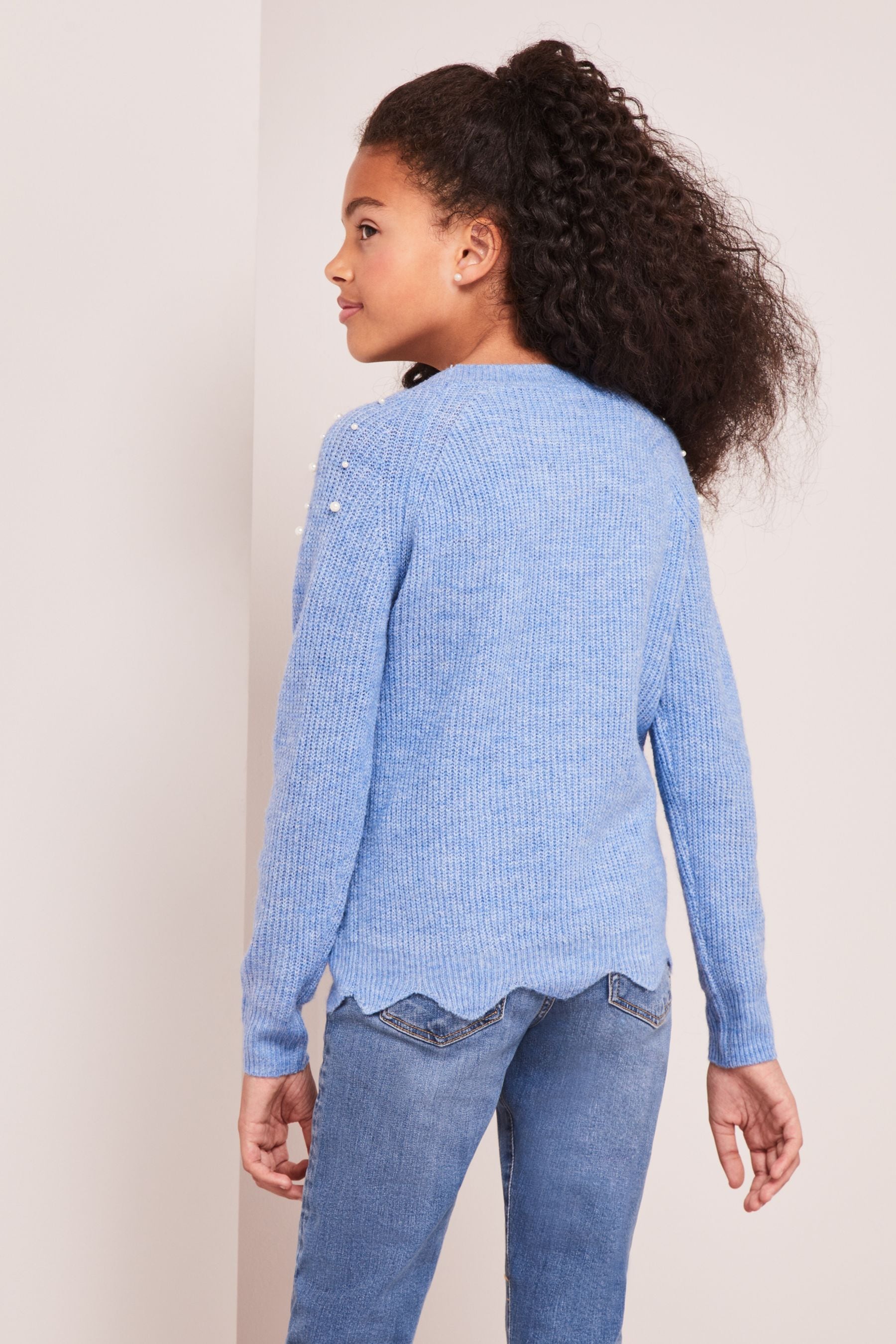 Blue Lipsy Embellished Scallop Hem Knitted Jumper