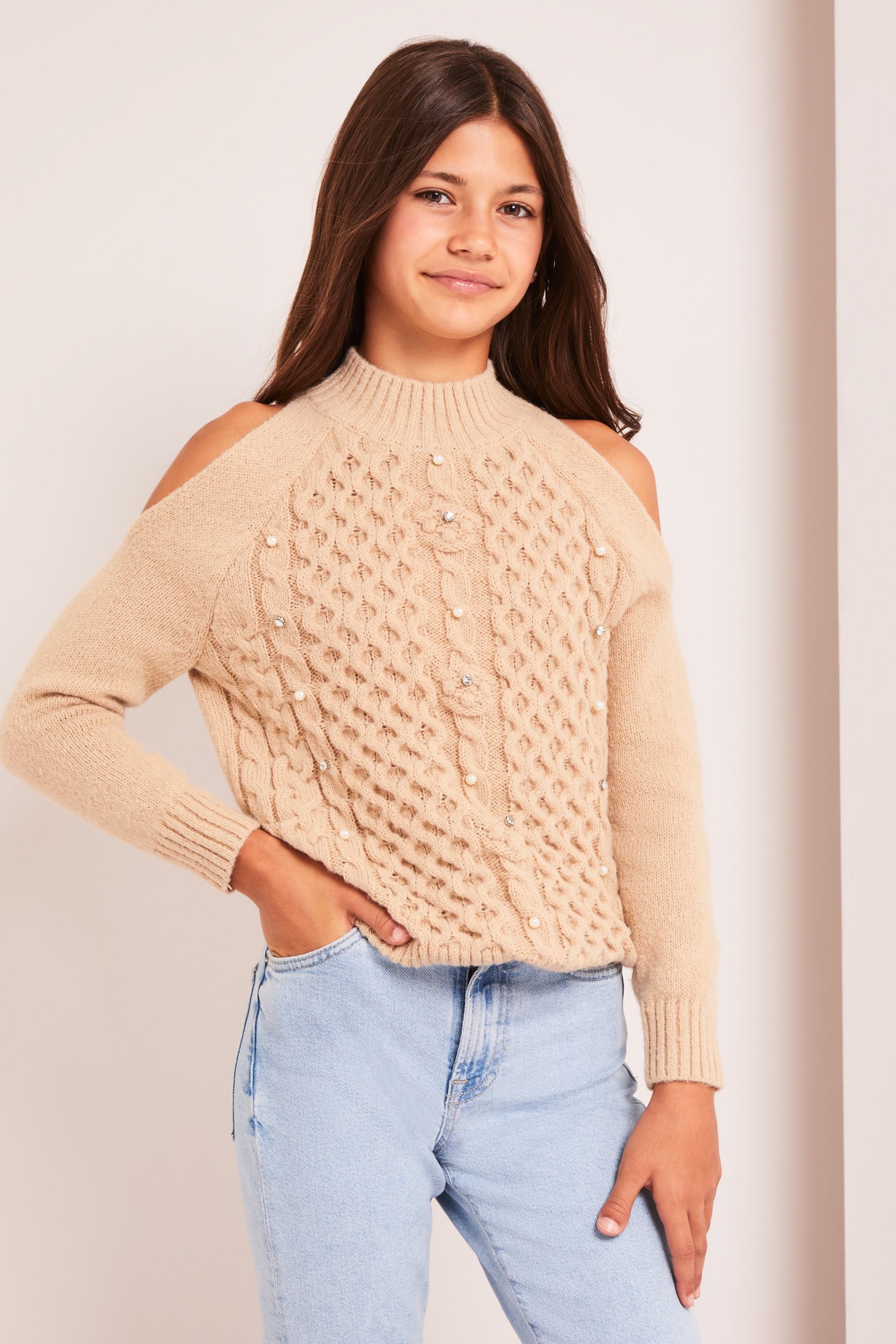 Brown Lipsy Cold Shoulder Knitted Jumper