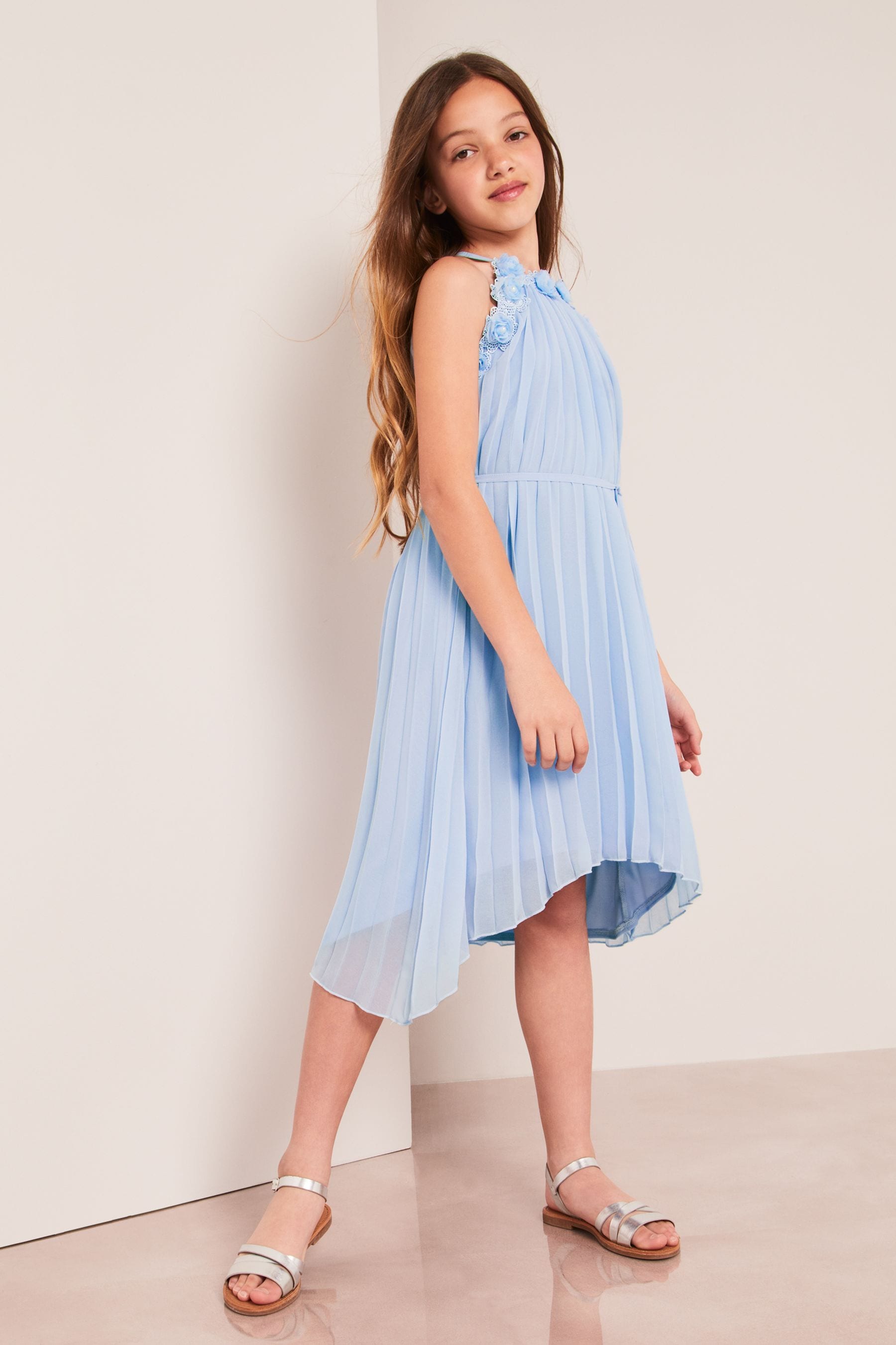 Blue Lipsy Pleated Chiffon Occasion Dress