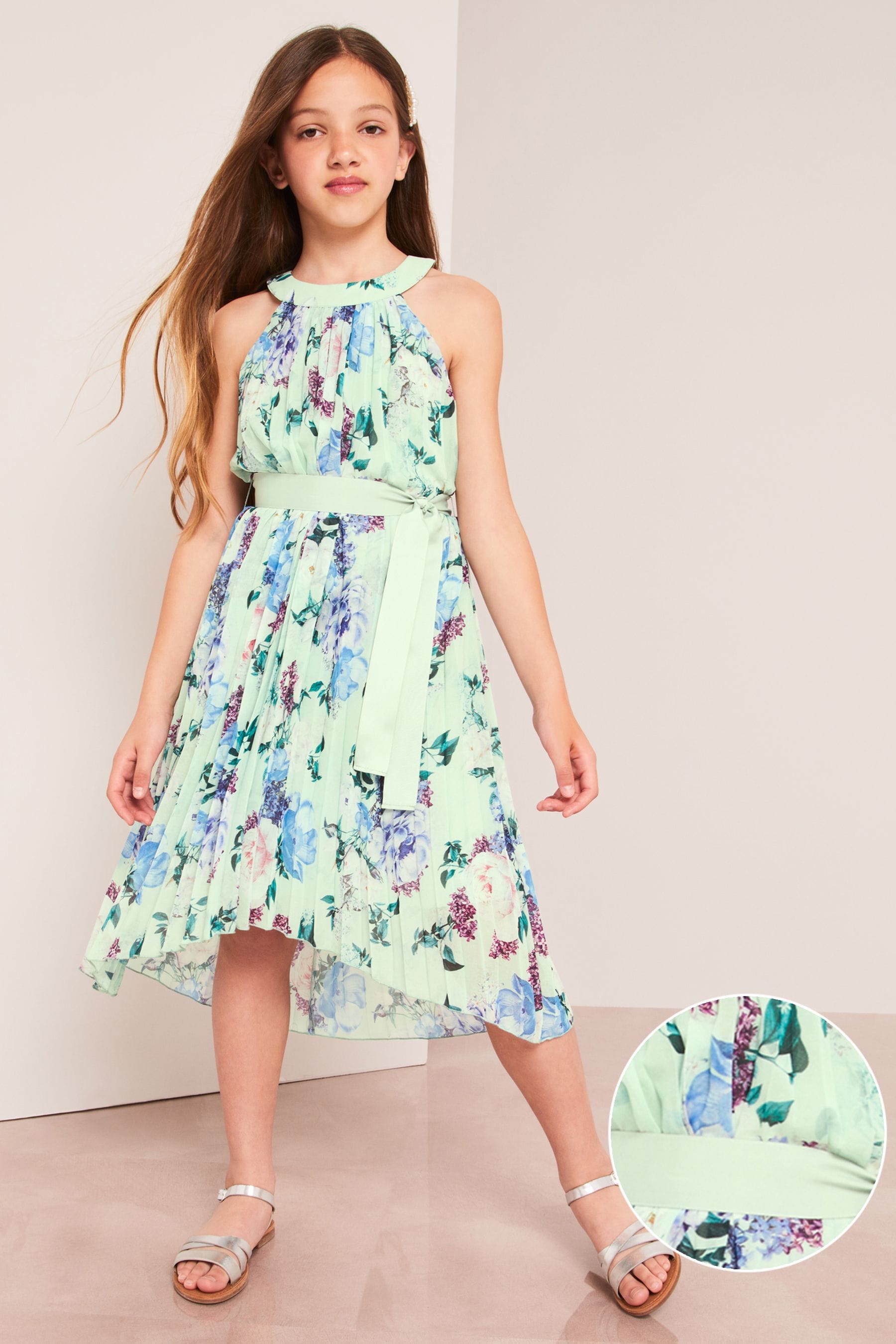 Sage Green Floral Lipsy Pleated Chiffon Occasion Dress