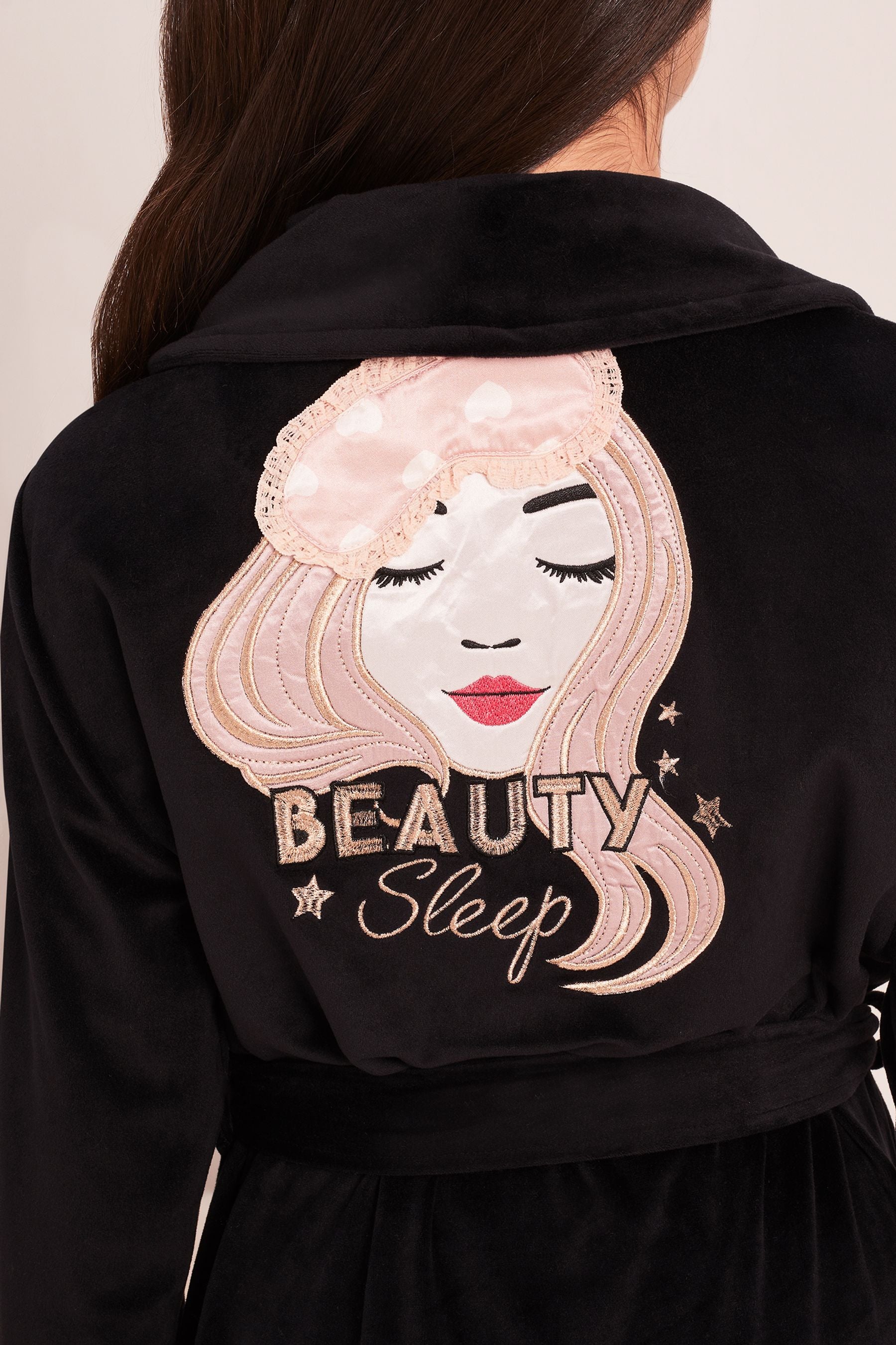 Black Lipsy Velour Embroidery Dressing Gown