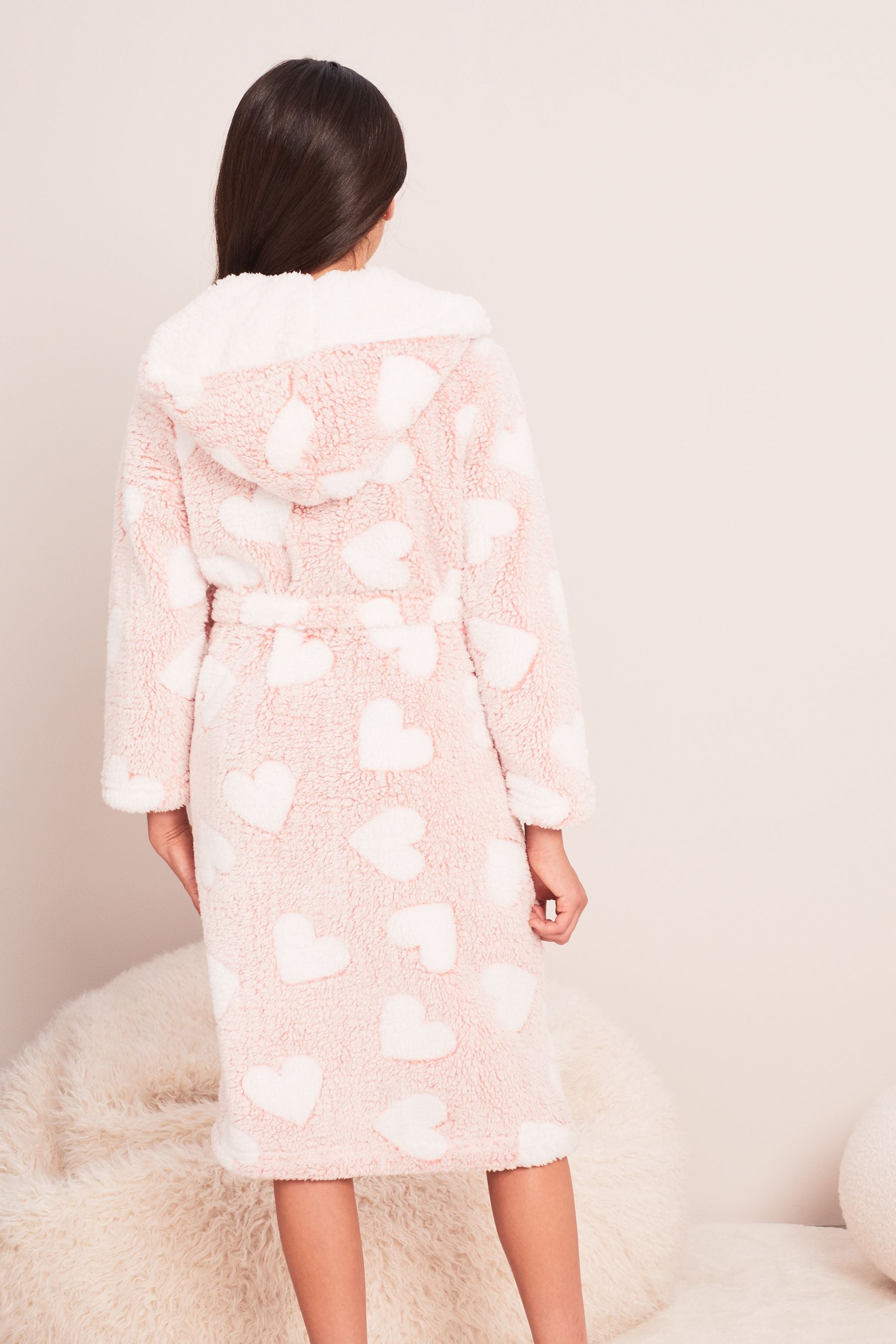 Pink Heart Print Lipsy Cosy Fleece Longer Line Dressing Gown