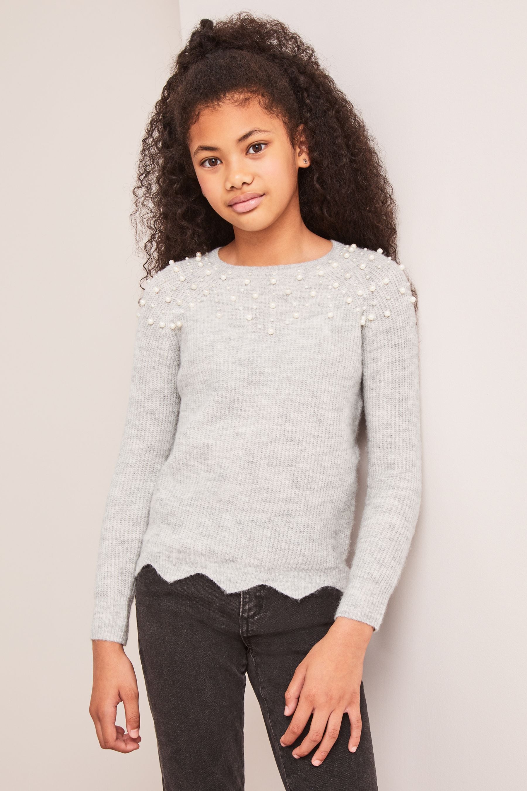 Grey Lipsy Embellished Scallop Hem Knitted Jumper