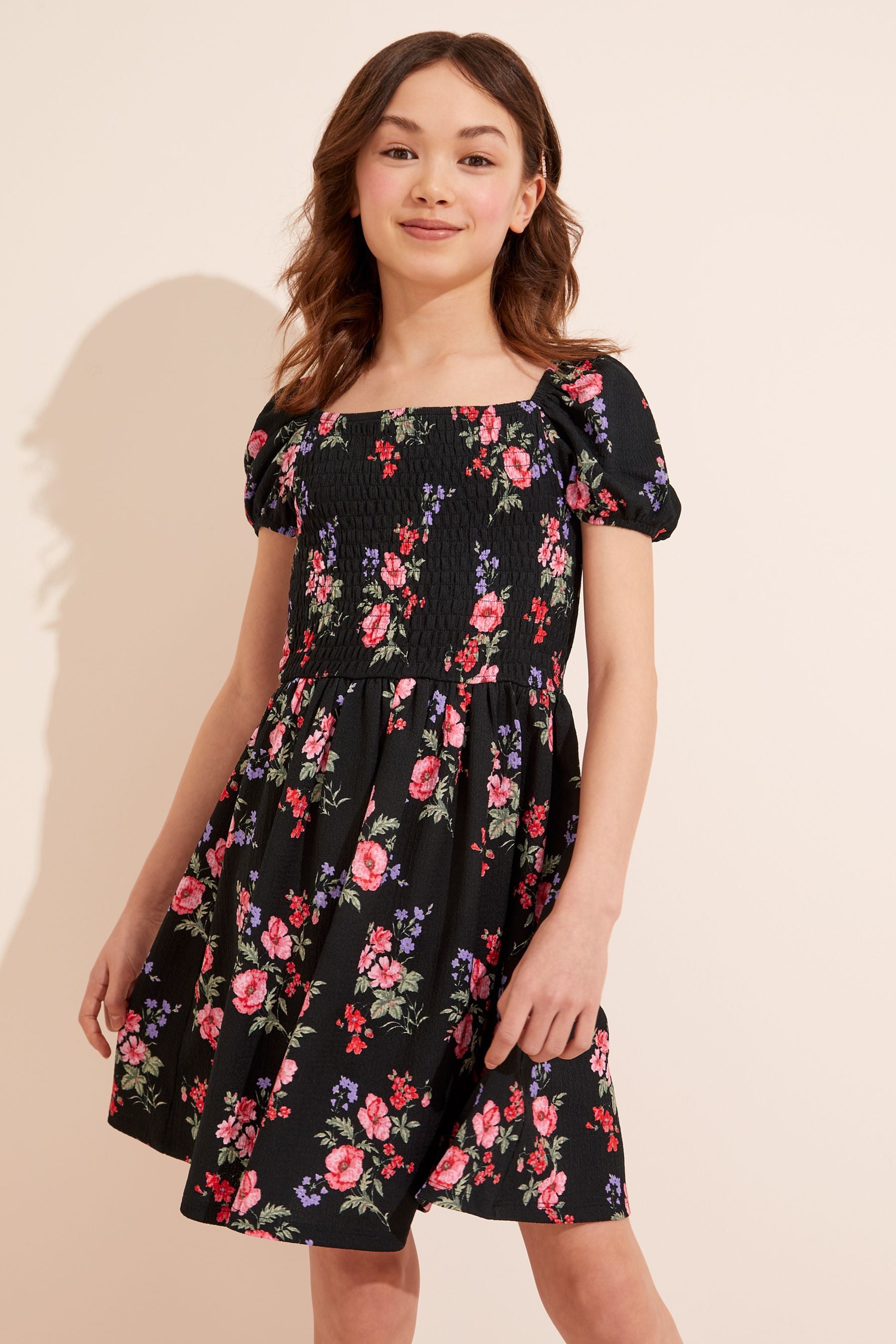 Black Floral Lipsy Puff Sleeve Square Neck Dress