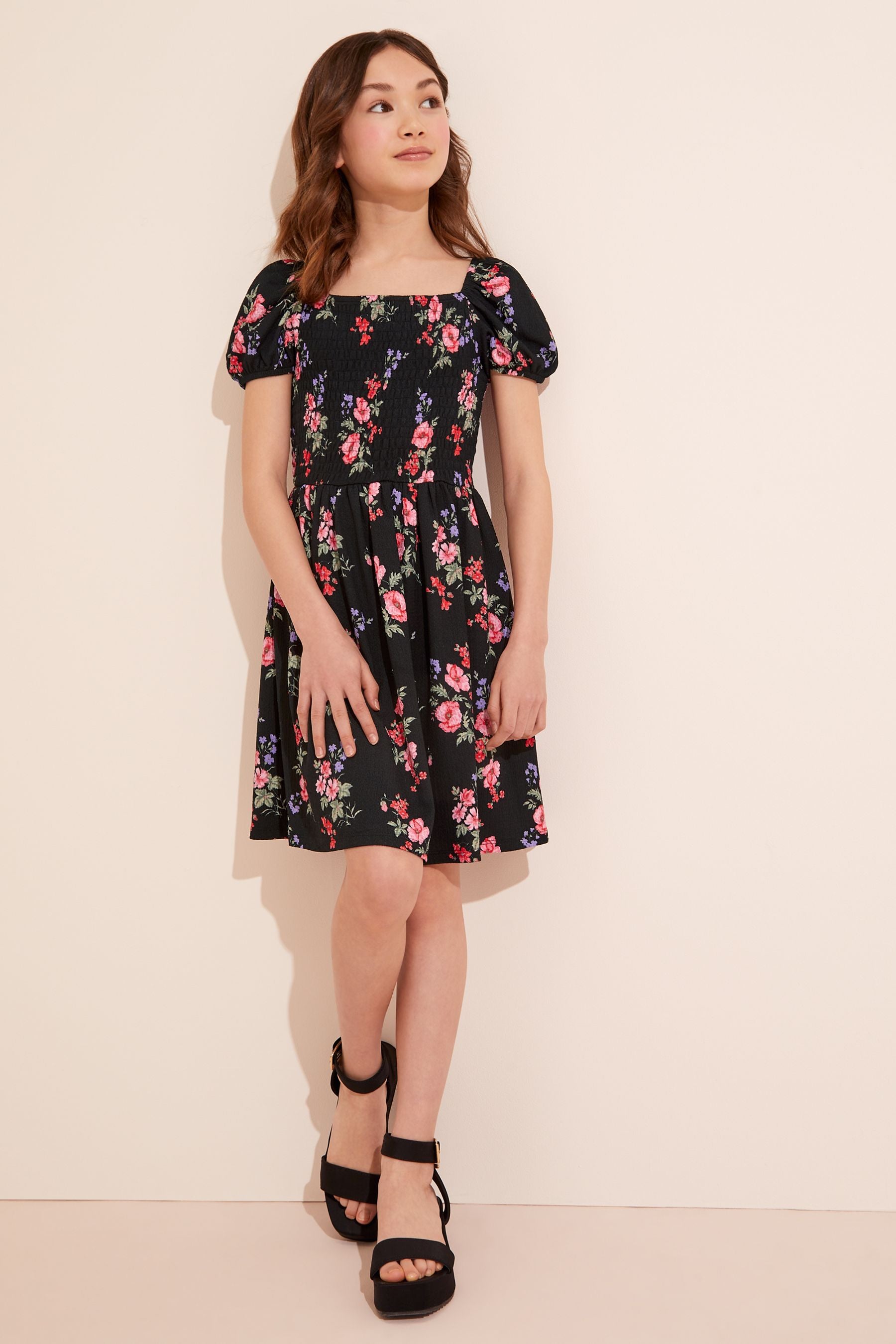 Black Floral Lipsy Puff Sleeve Square Neck Dress