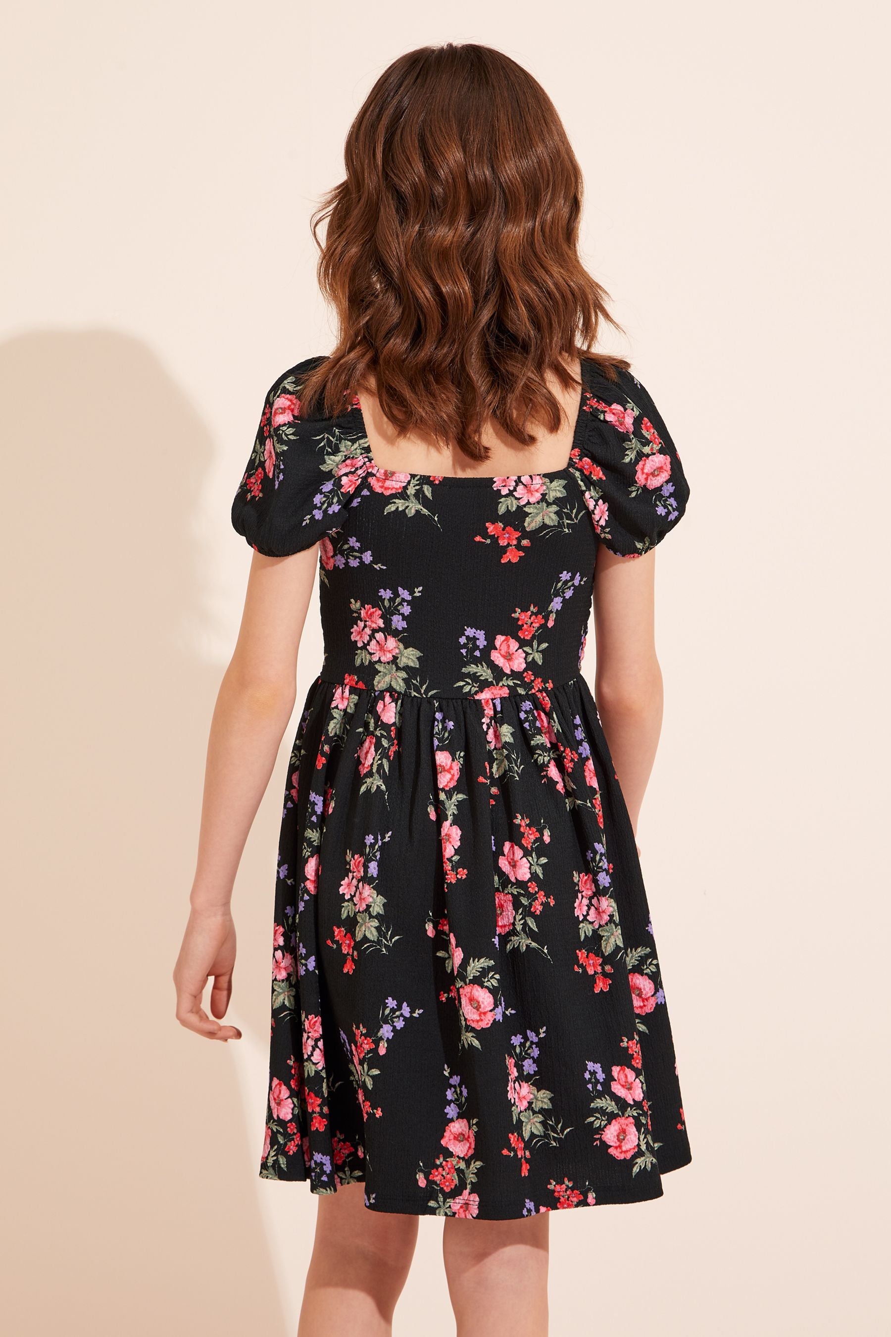 Black Floral Lipsy Puff Sleeve Square Neck Dress