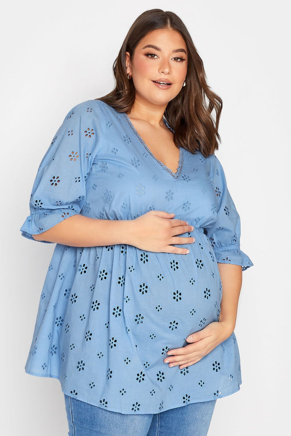 Blue Yours Curve Maternity Broiderie V-Neck Blouse