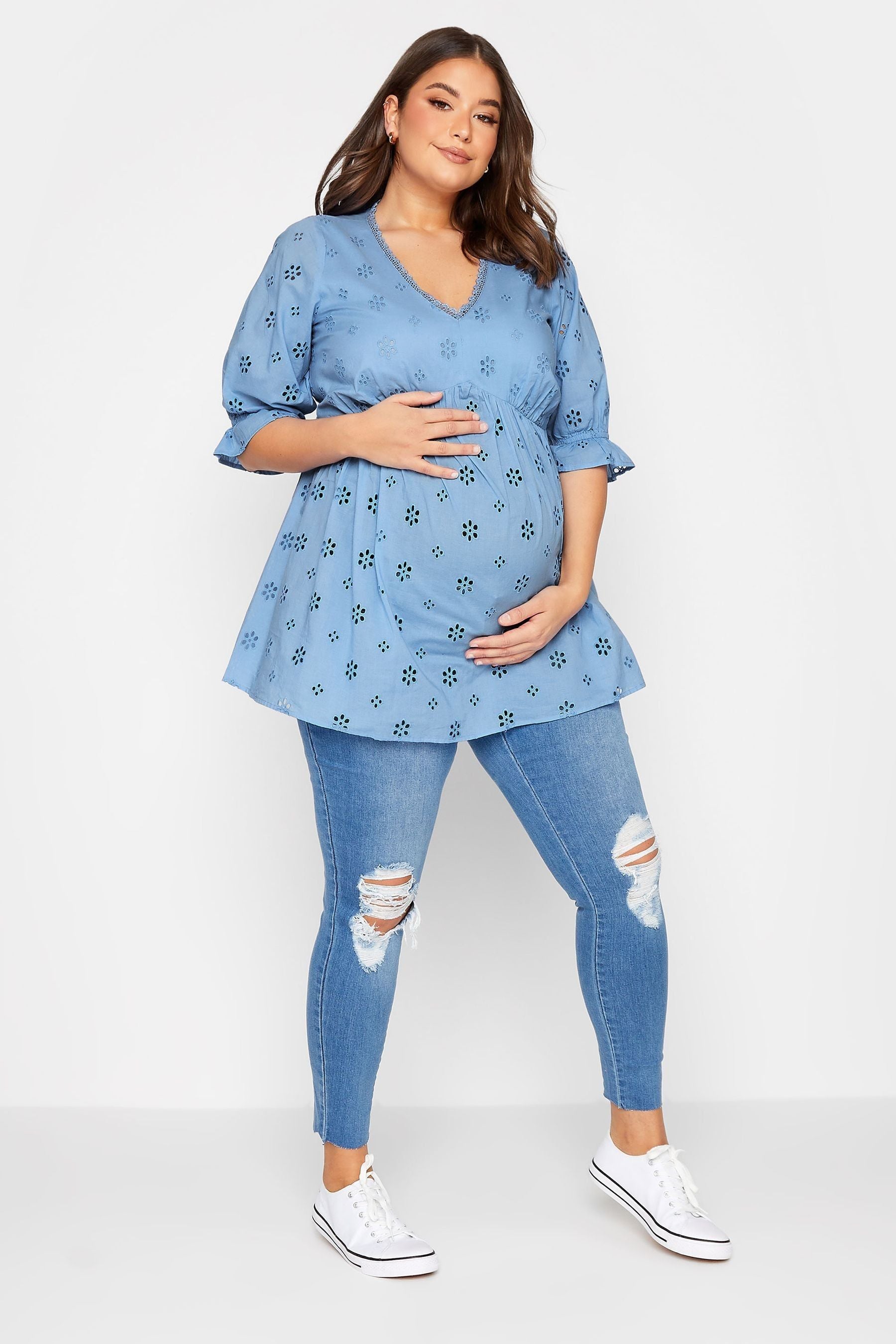 Blue Yours Curve Maternity Broiderie V-Neck Blouse