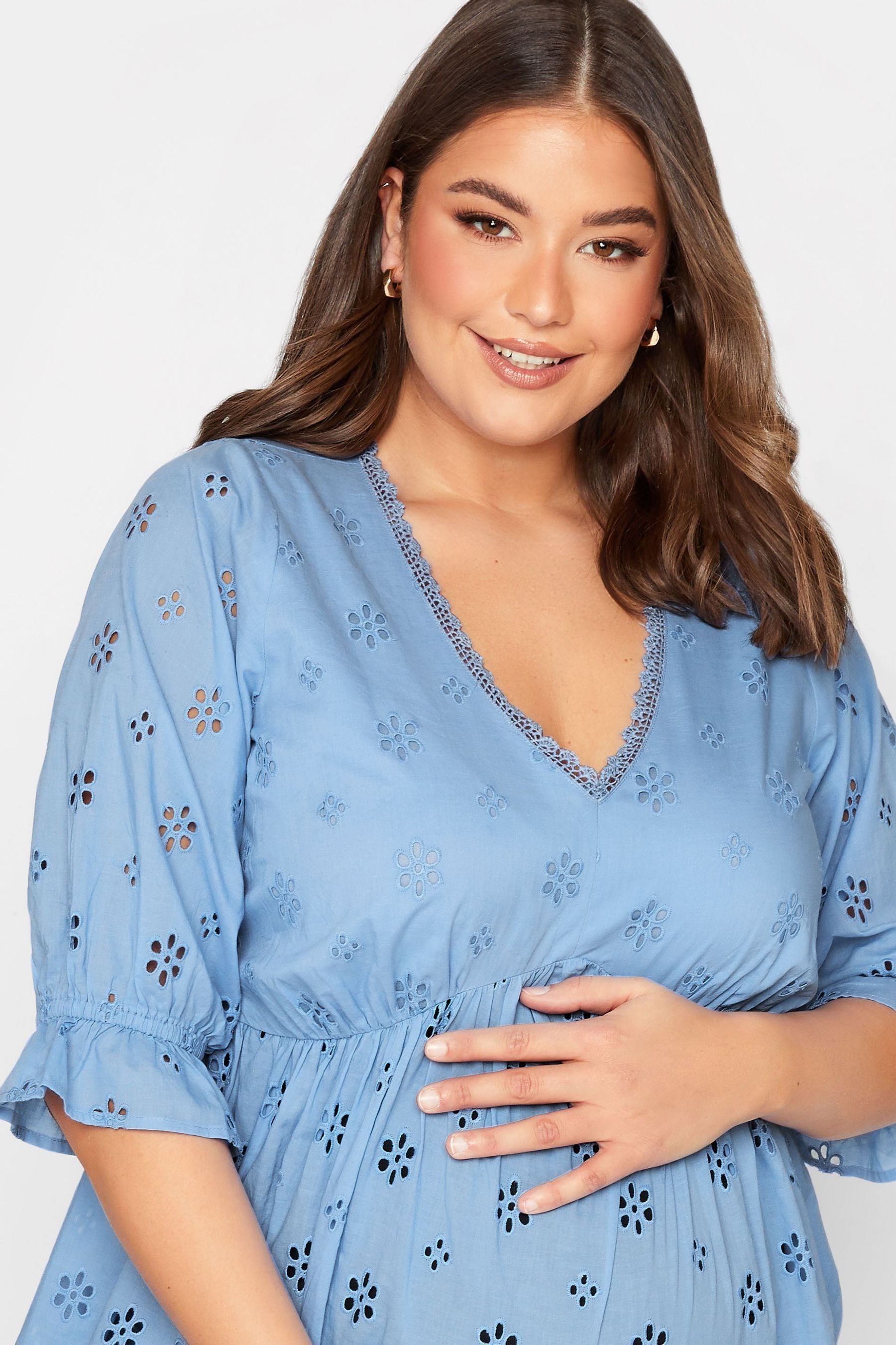 Blue Yours Curve Maternity Broiderie V-Neck Blouse