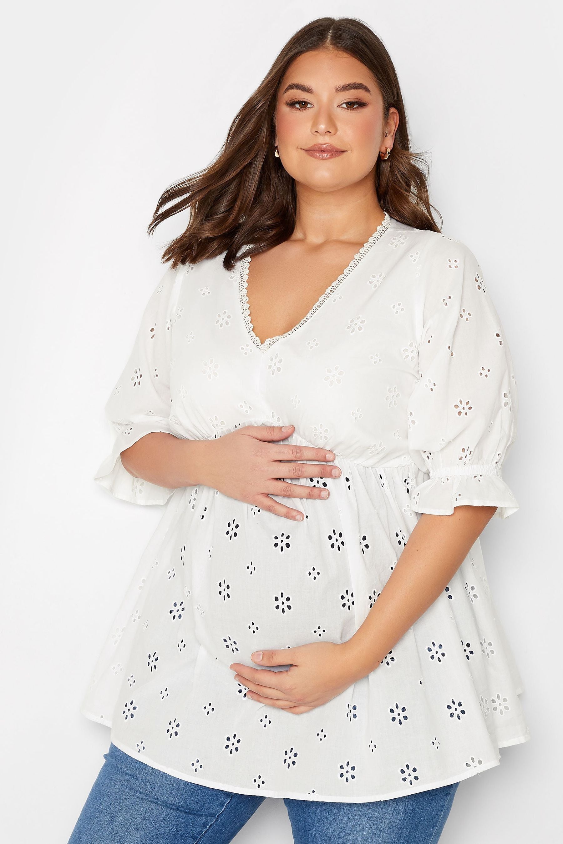 White Yours Curve Maternity Broiderie V-Neck Blouse