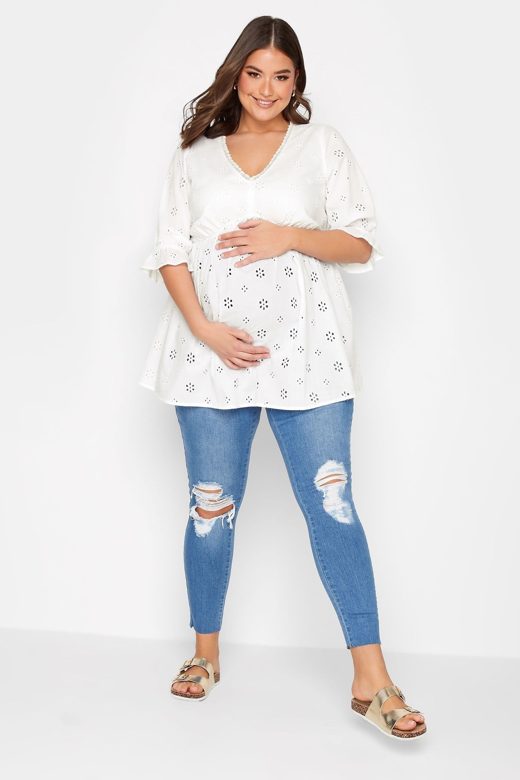 White Yours Curve Maternity Broiderie V-Neck Blouse