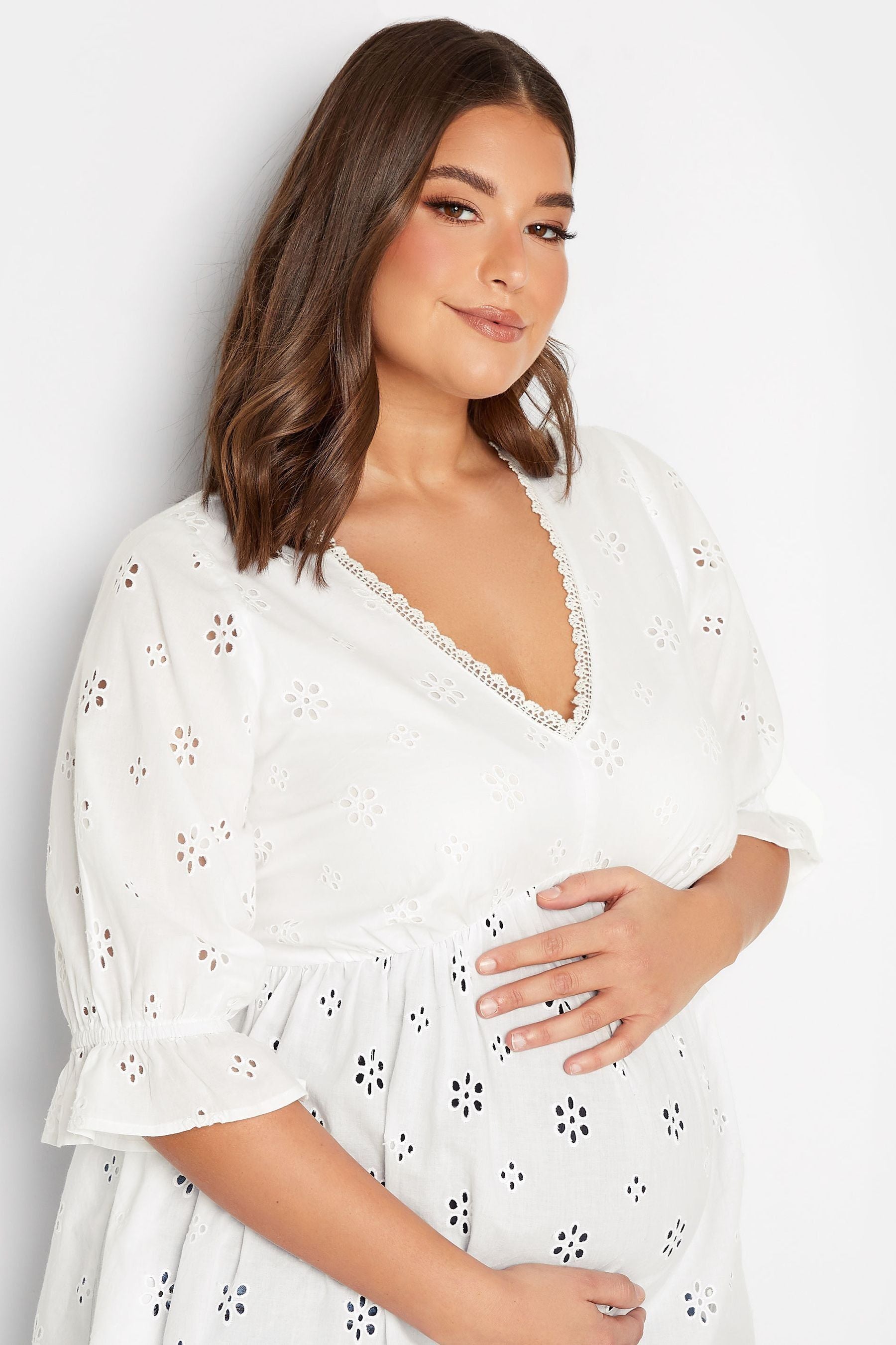 White Yours Curve Maternity Broiderie V-Neck Blouse