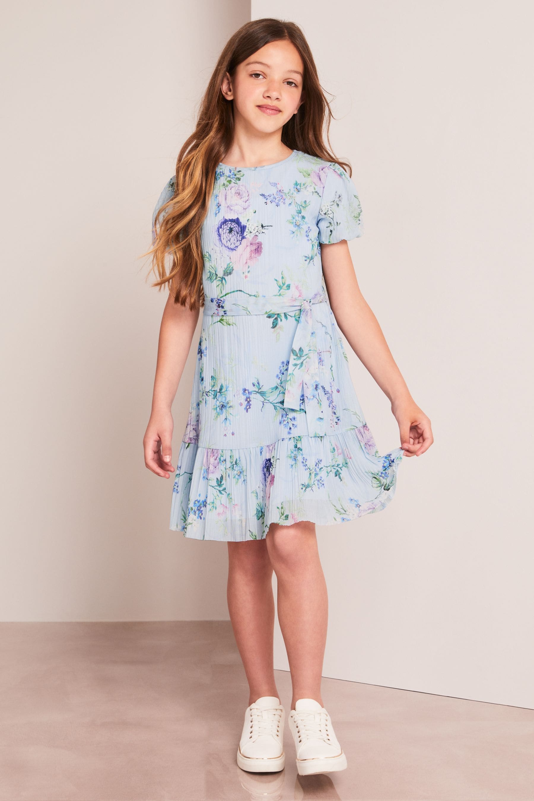 Blue Floral Lipsy Puff Sleeve Tie Waist Dress