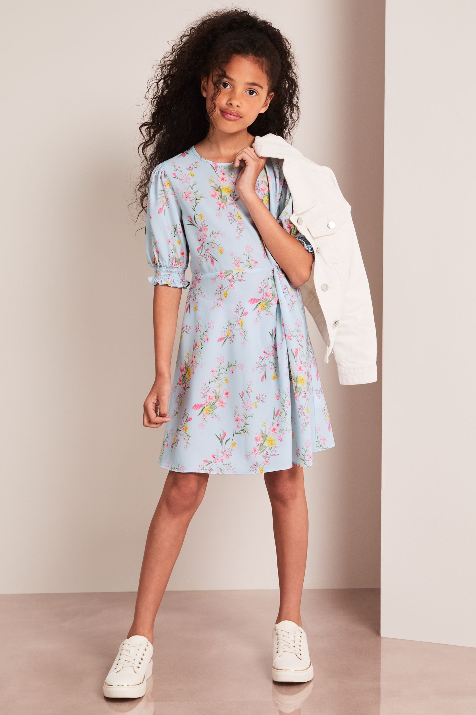 Blue Lipsy Floral Puff Sleeve Mini Dress