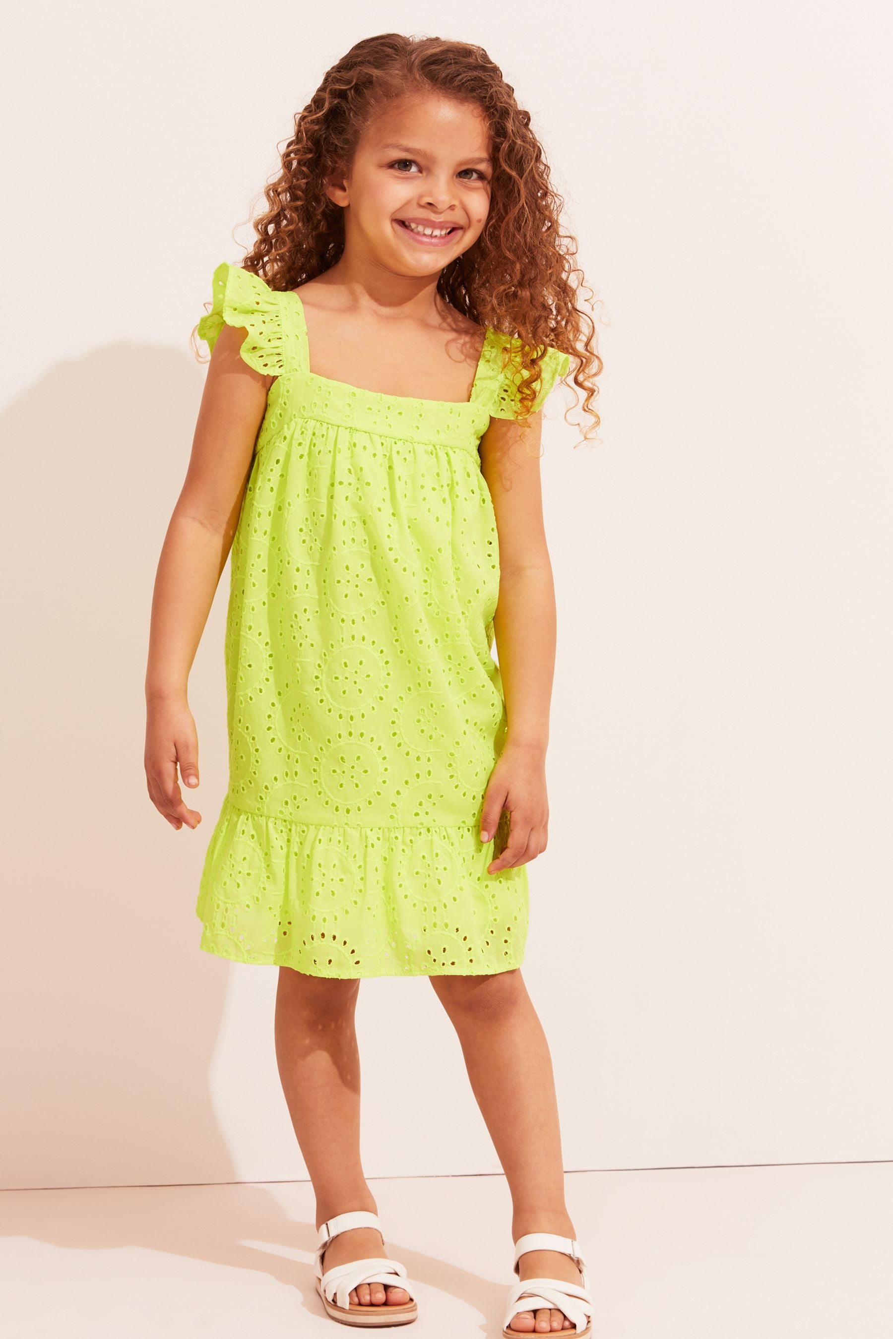 Lime Green Lipsy Mini Broderie Trapeze Dress