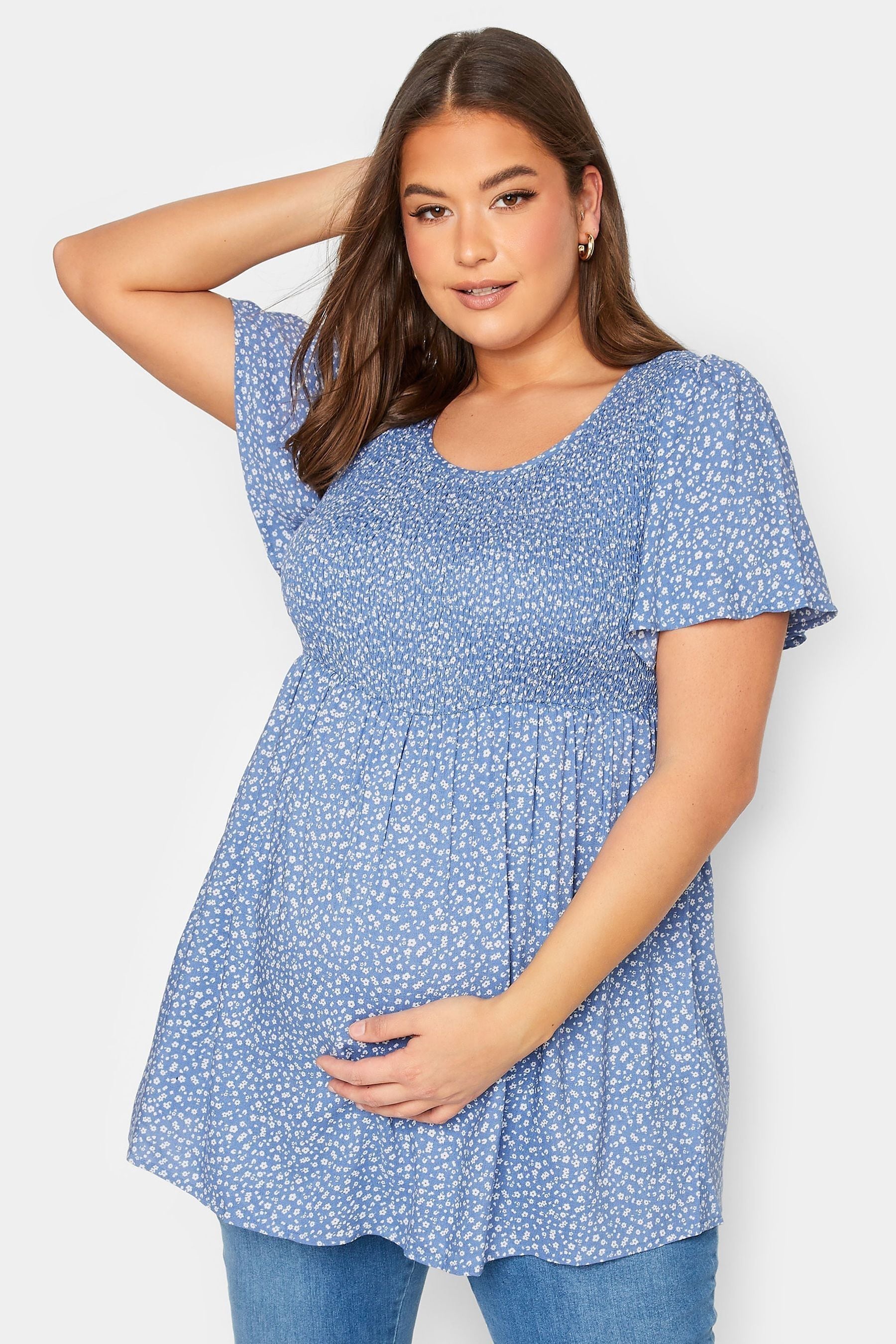 Blue Bump It Up Maternity Angel Sleeve Shirred Top