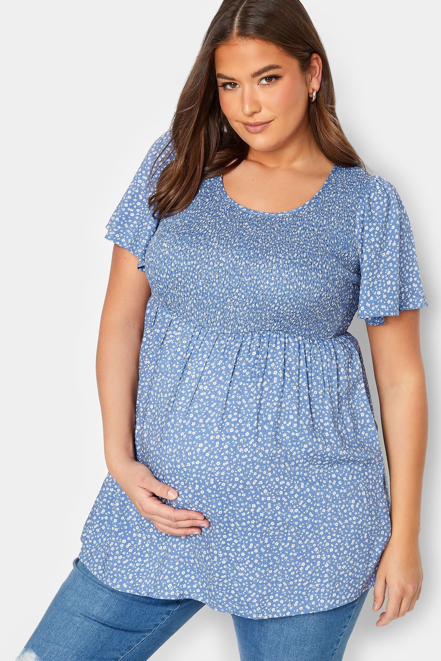 Blue Bump It Up Maternity Angel Sleeve Shirred Top