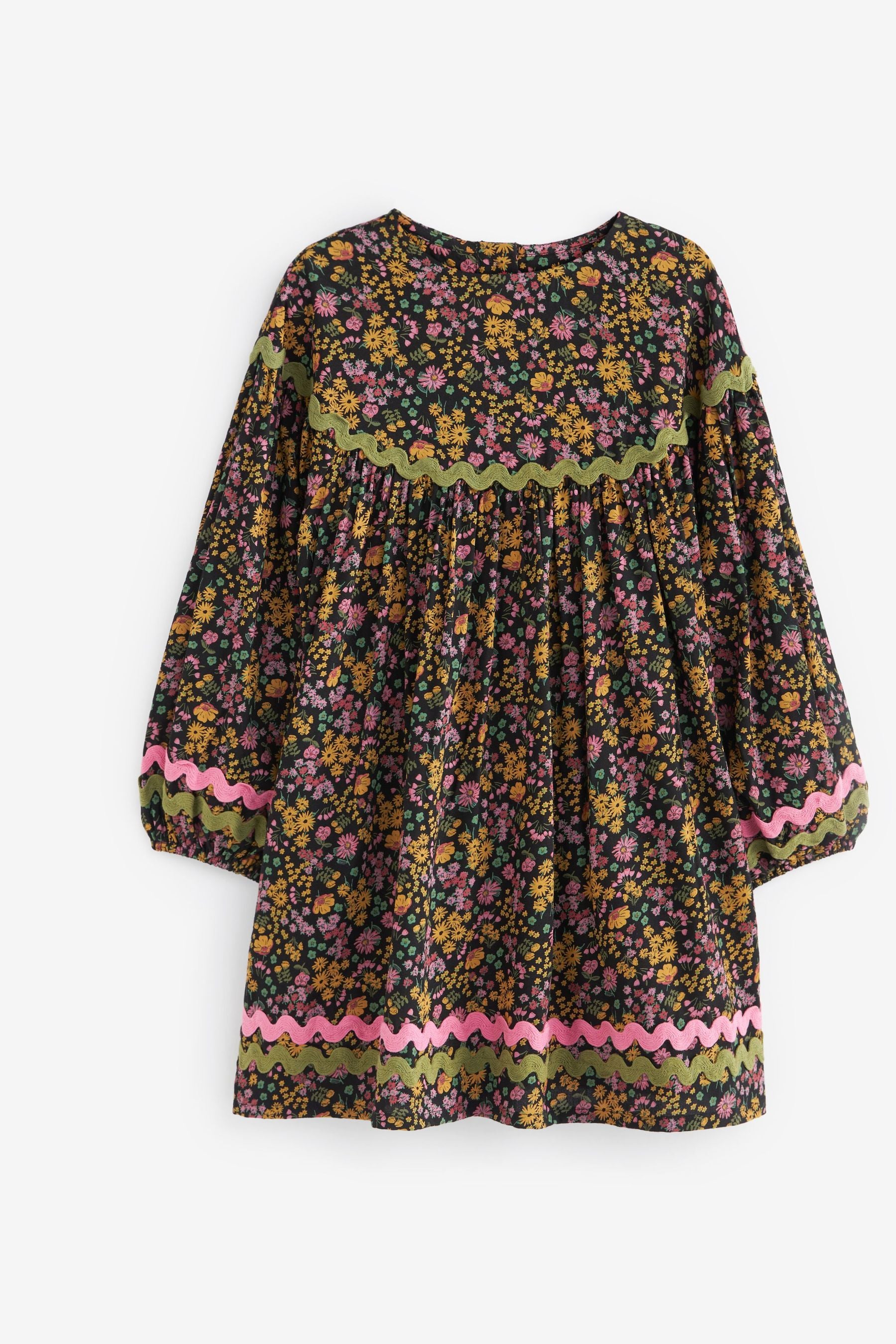 Black Floral Print Ric Rac Trim Dress (3-16yrs)