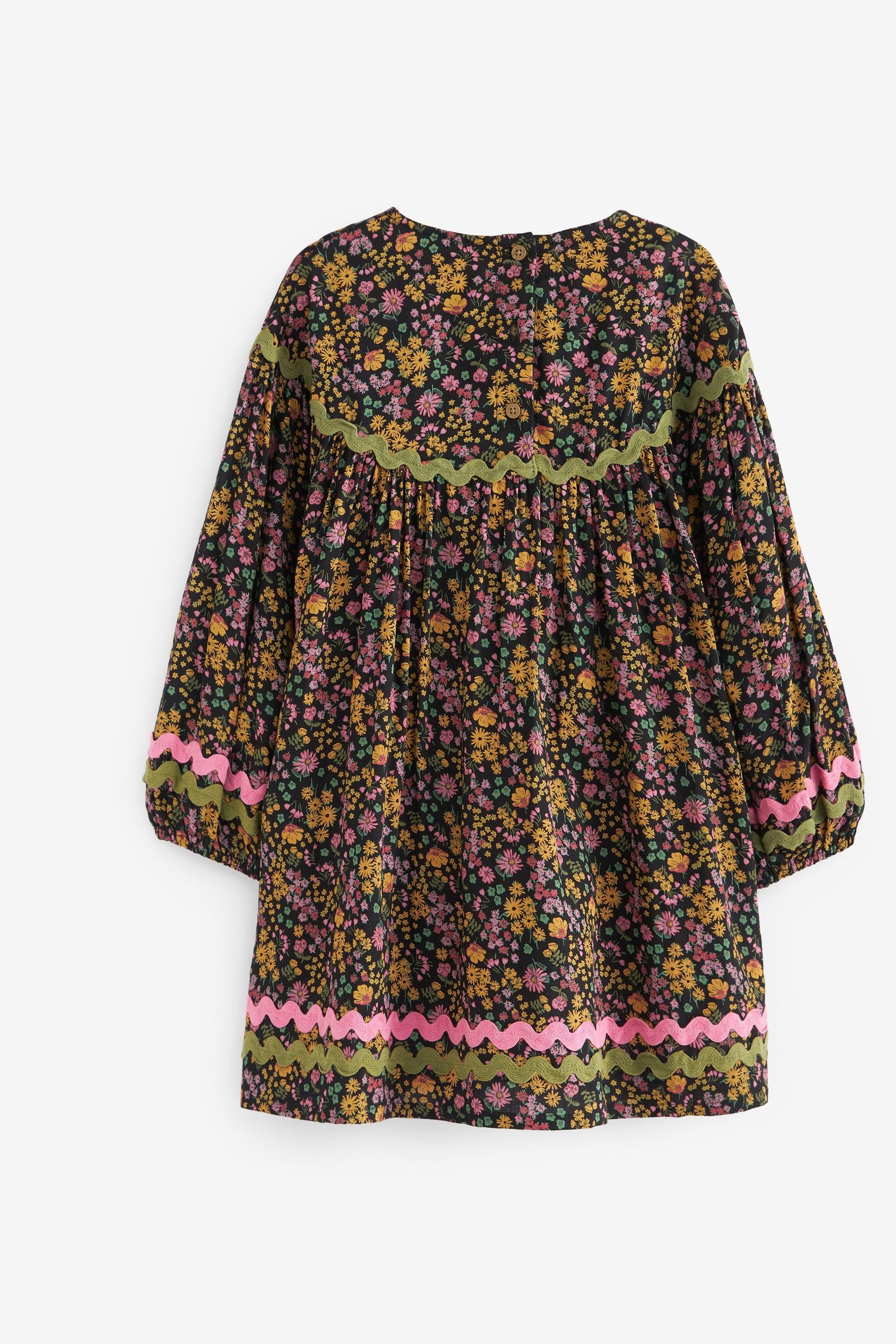 Black Floral Print Ric Rac Trim Dress (3-16yrs)