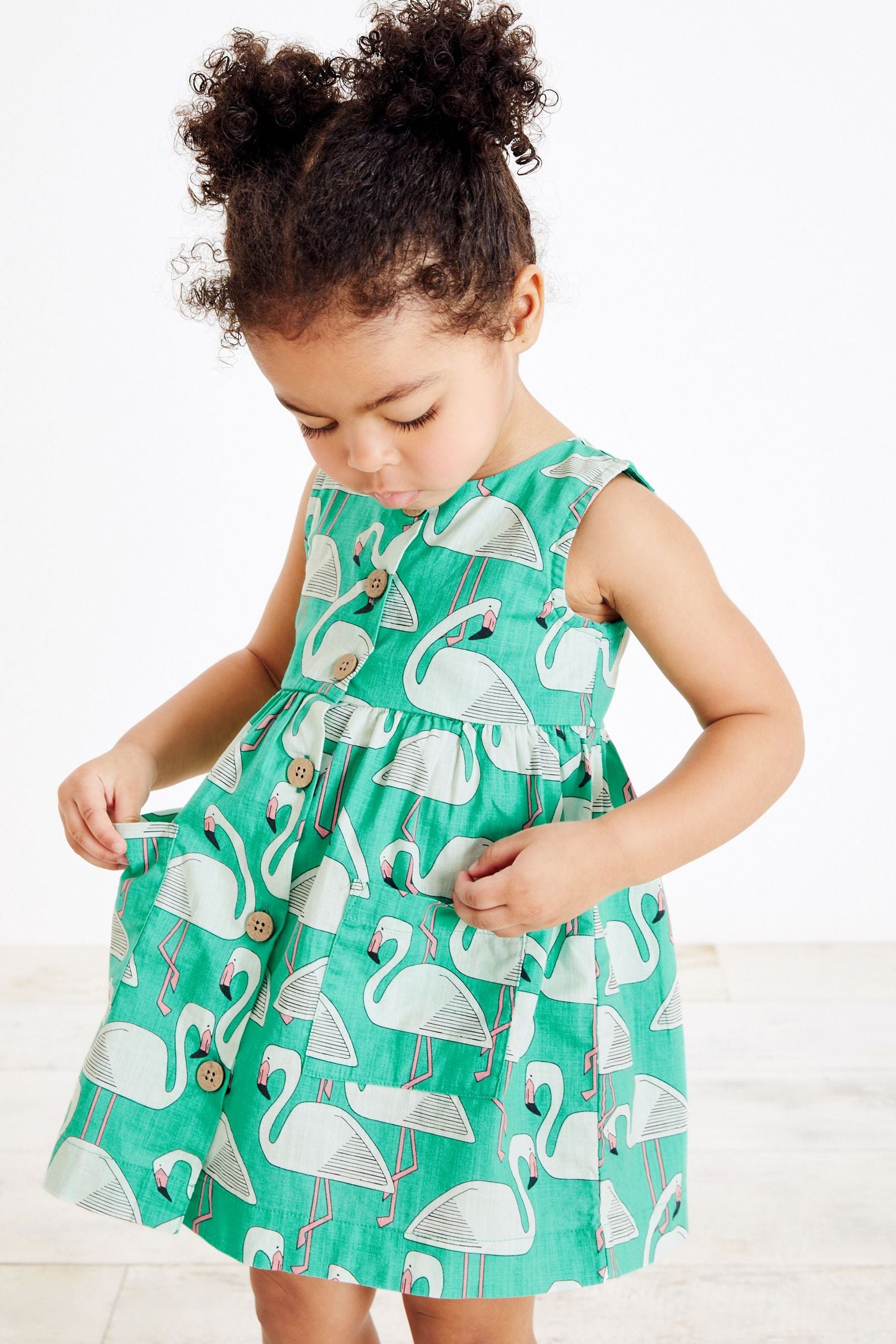 Jade Green Flamingo Cotton Sleeveless Dress (3mths-8yrs)