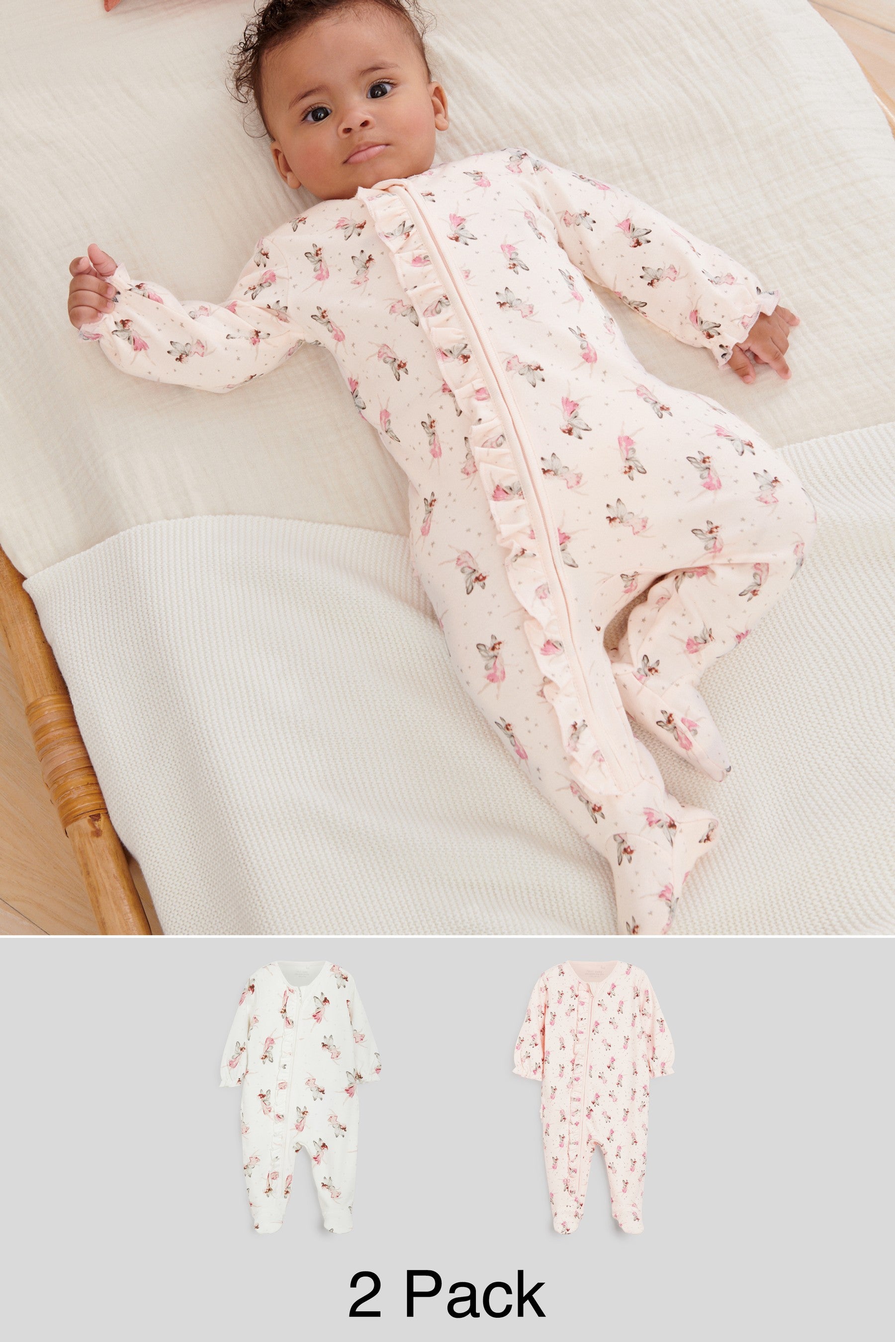 White Fairy 2 Pack Zip Baby Sleepsuits (0mths-3yrs)