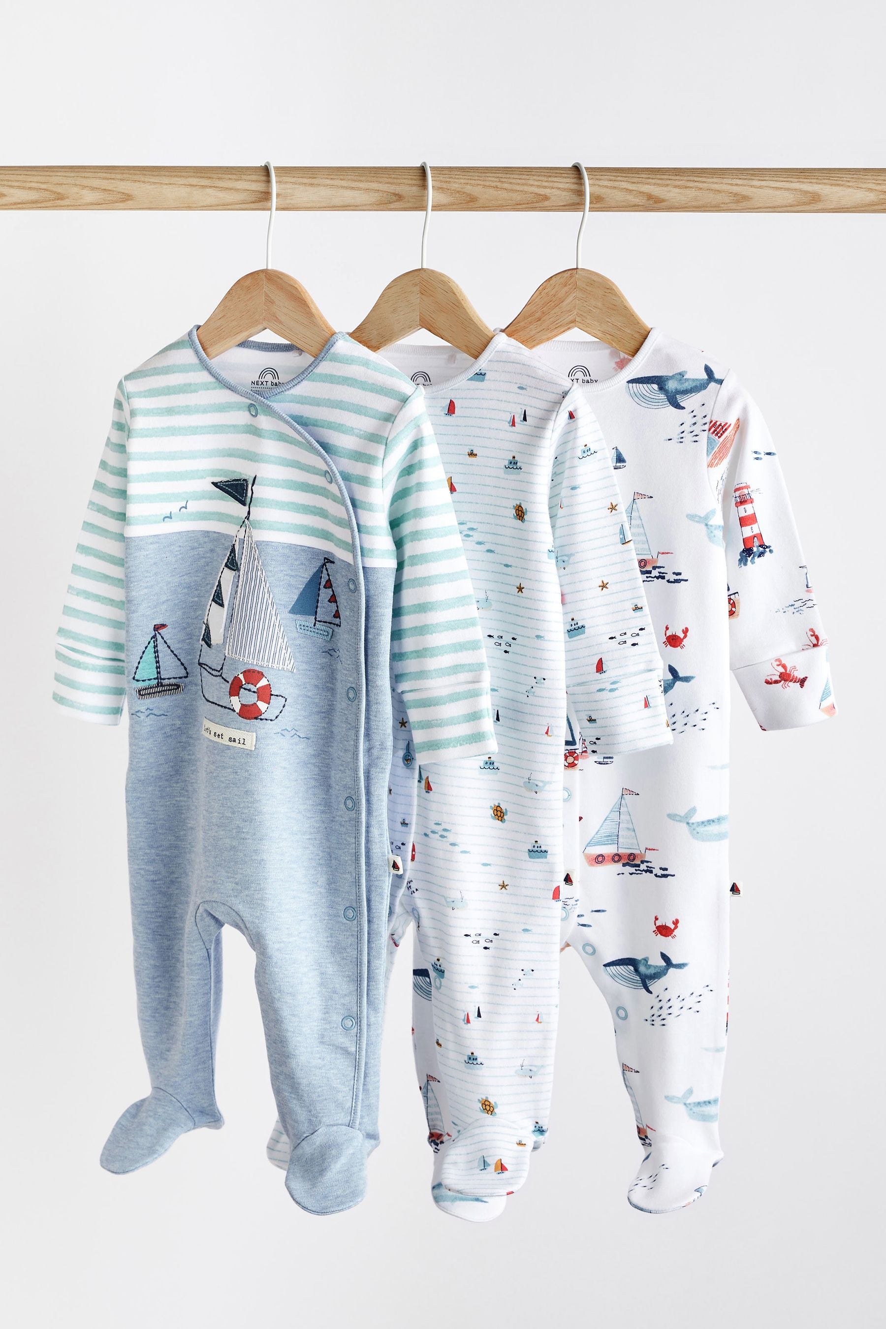 Blue 3 Pack Embroidered Baby Sleepsuits (0-2yrs)