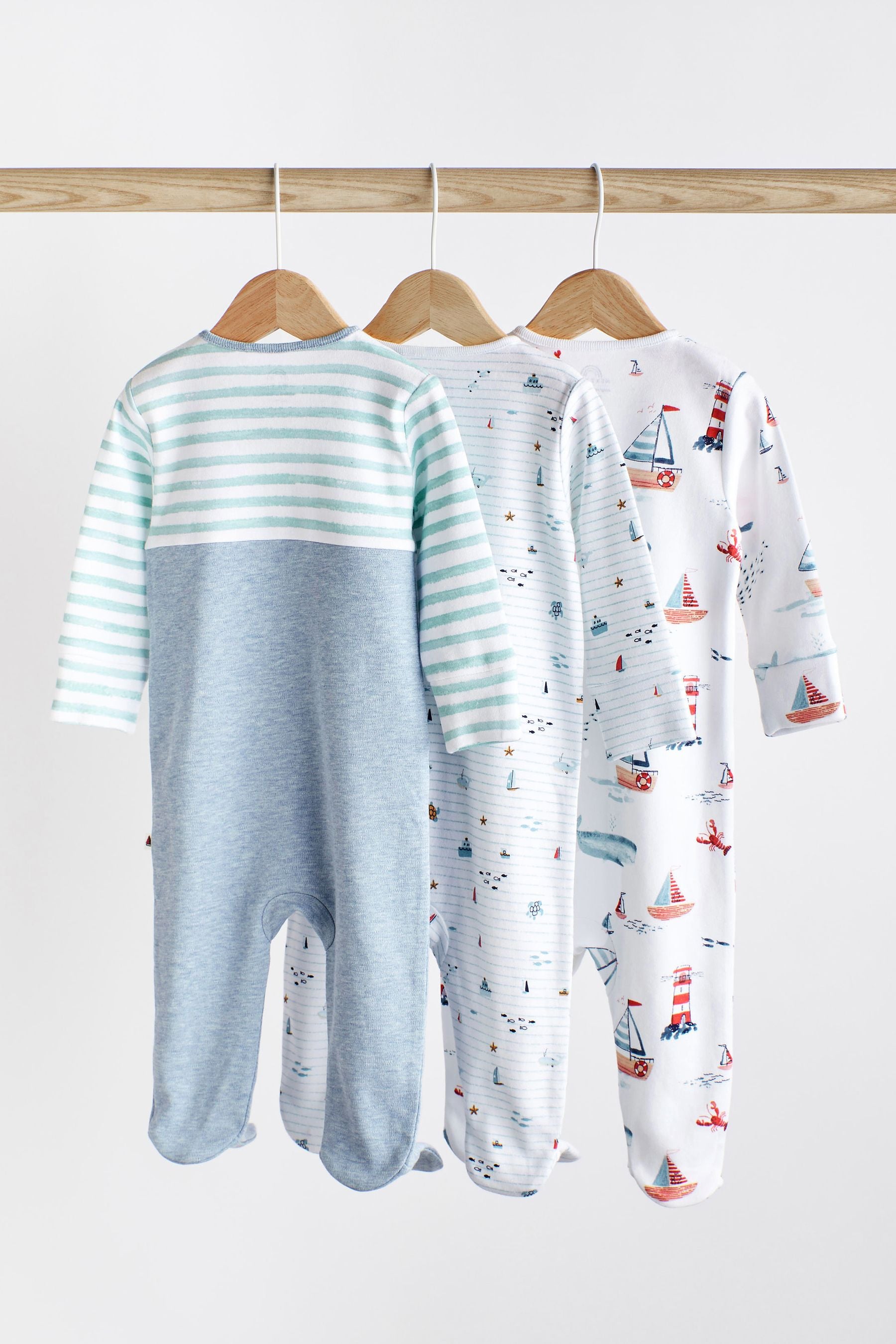 Blue 3 Pack Embroidered Baby Sleepsuits (0-2yrs)