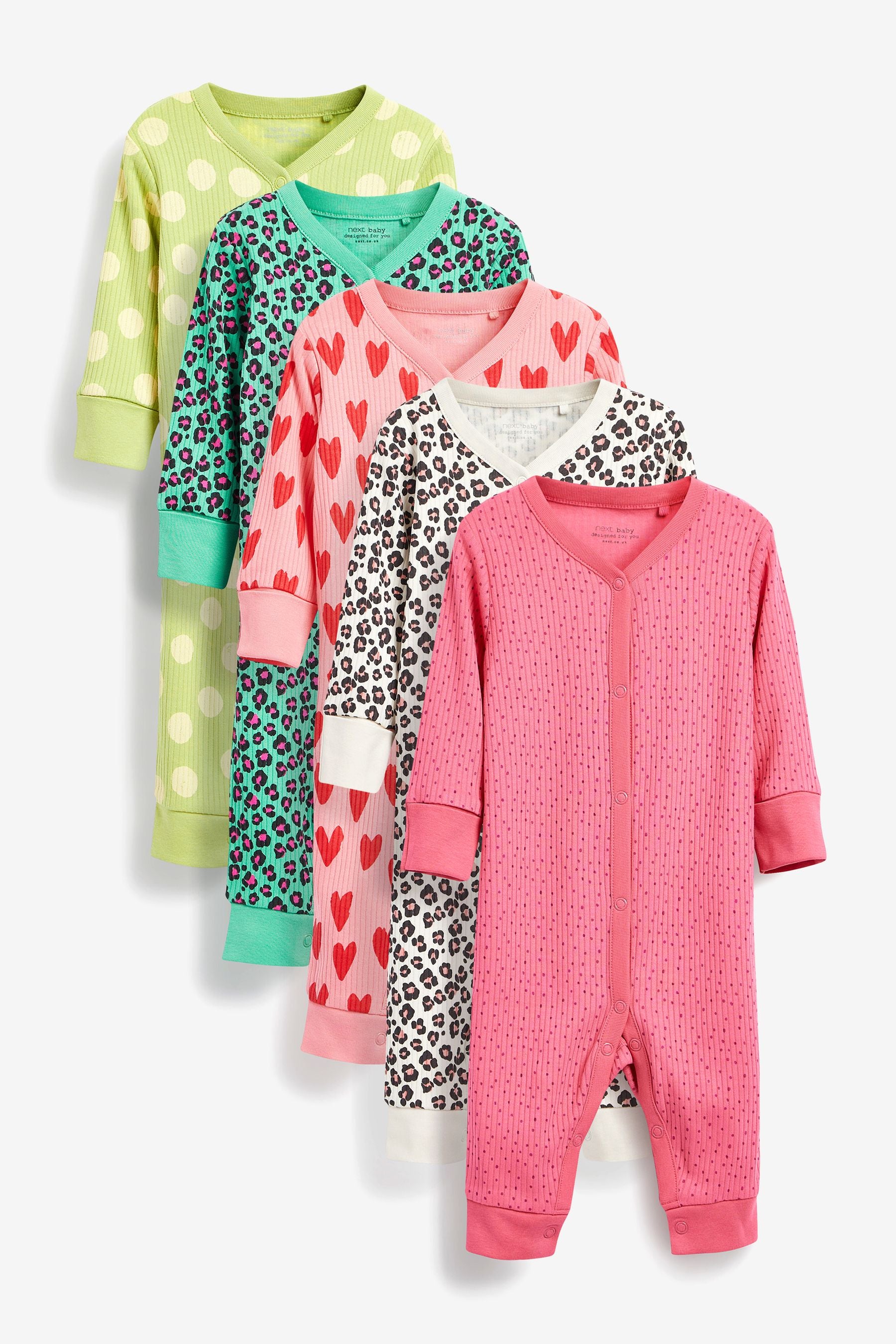 Leopard/Hearts Baby 5 Pack Printed Footless Sleepsuits (0mths-3yrs)