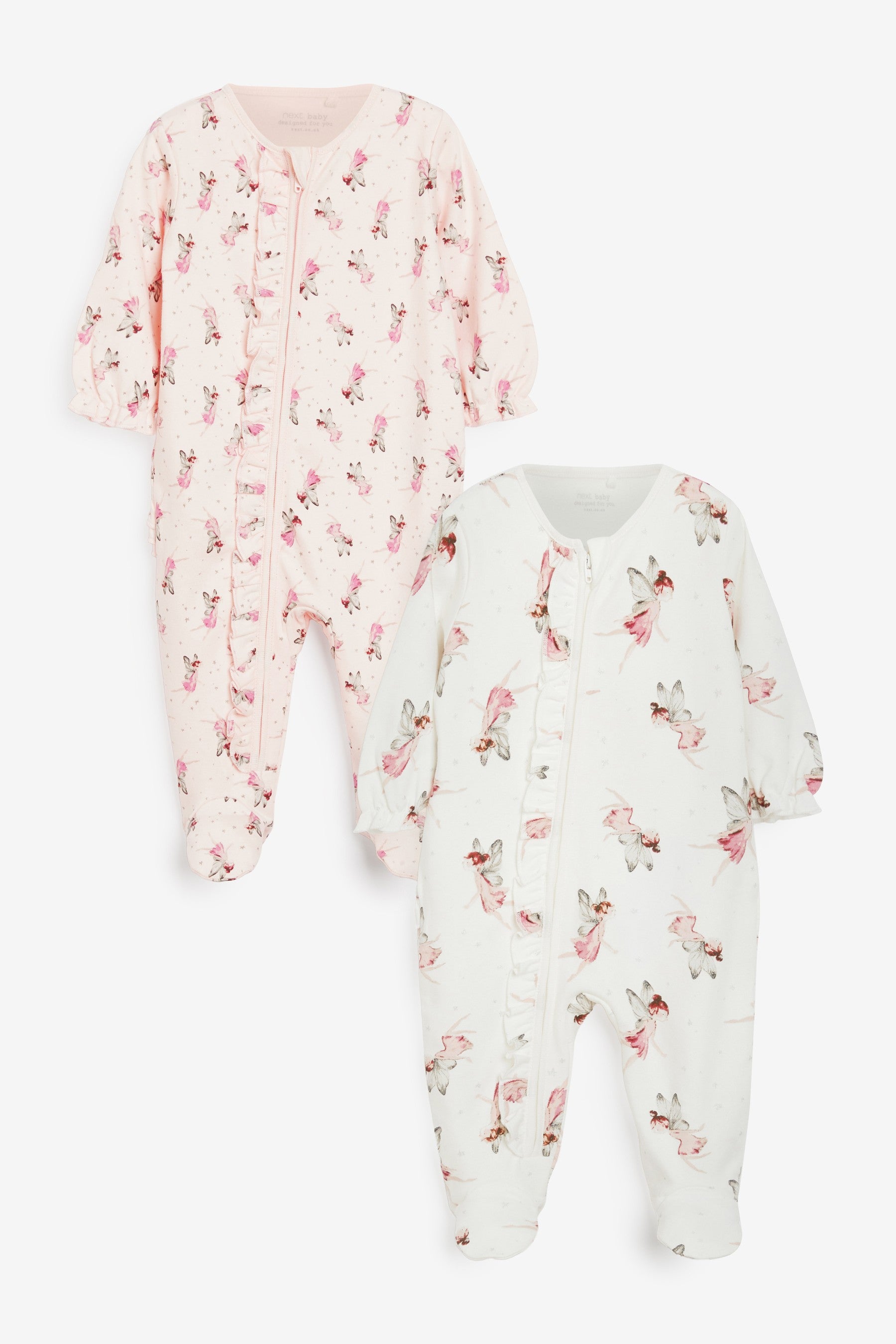 White Fairy 2 Pack Zip Baby Sleepsuits (0mths-3yrs)