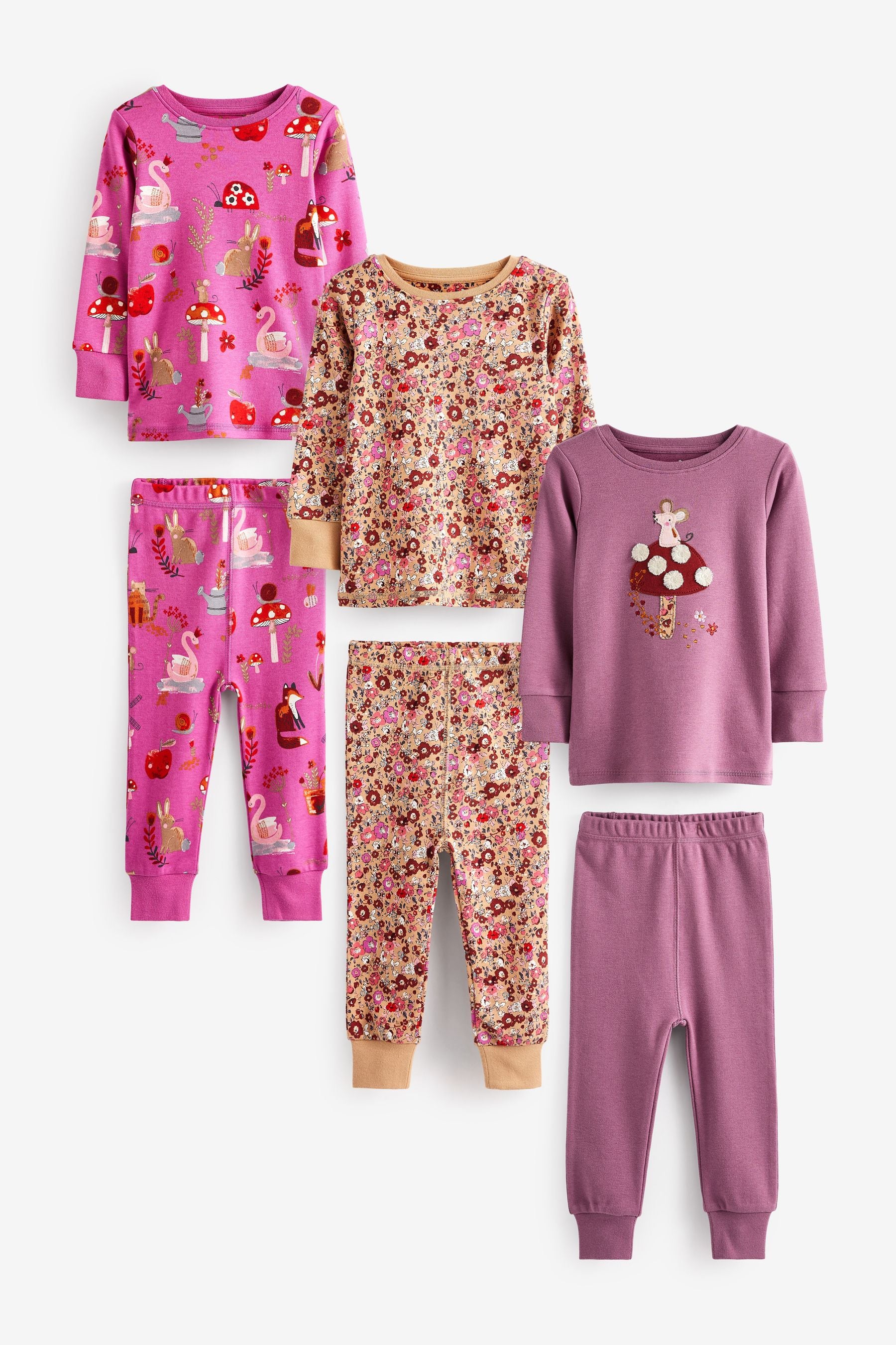 Red/Pink/Brown Mushroom/Woodland Character Snuggle Pyjamas 3 Pack (9mths-8yrs)