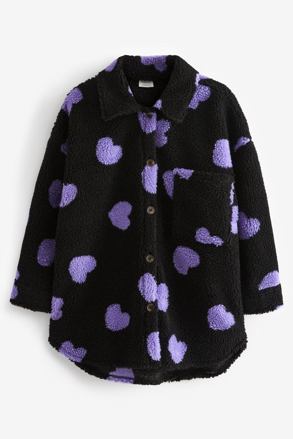 Black/Purple Heart Print Teddy Borg Fleece Shacket (3-16yrs)