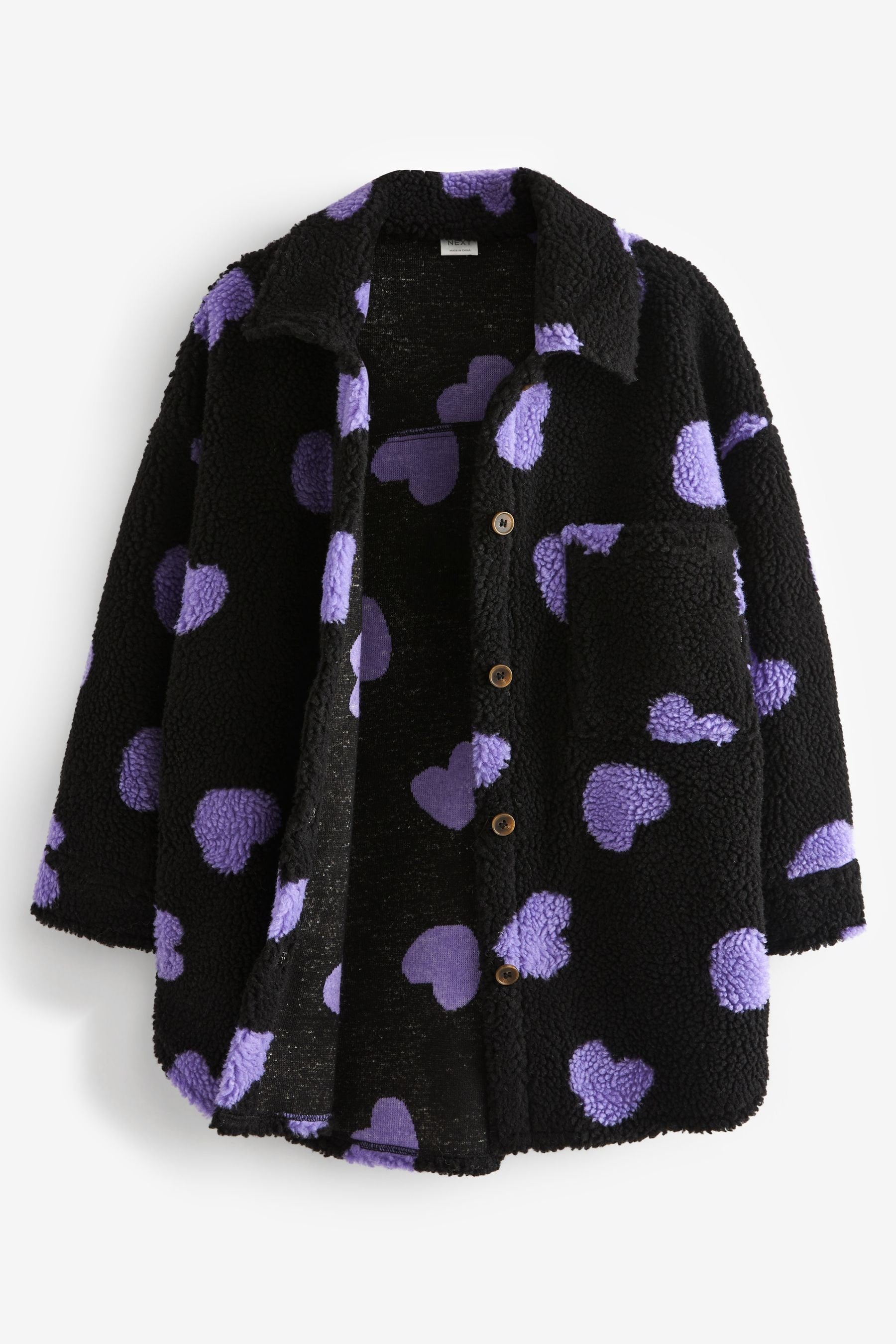 Black/Purple Heart Print Teddy Borg Fleece Shacket (3-16yrs)