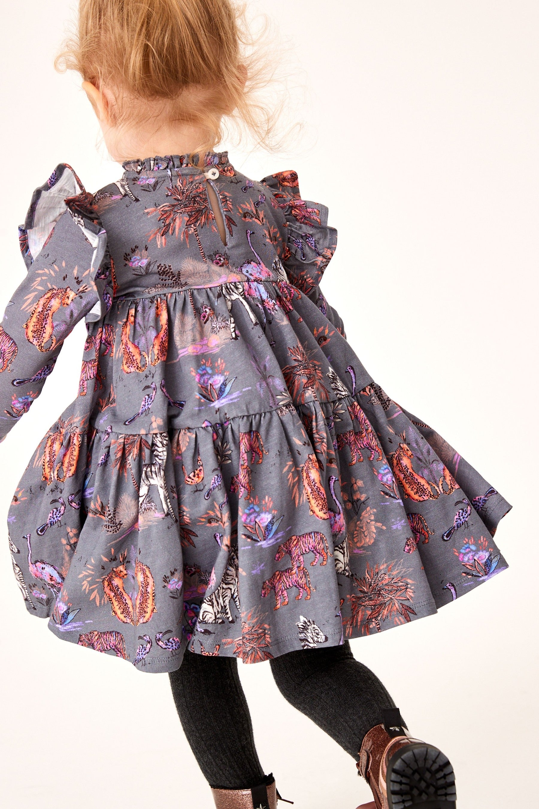 Dark Grey Jungle Tiered Jersey Dress (3mths-7yrs)