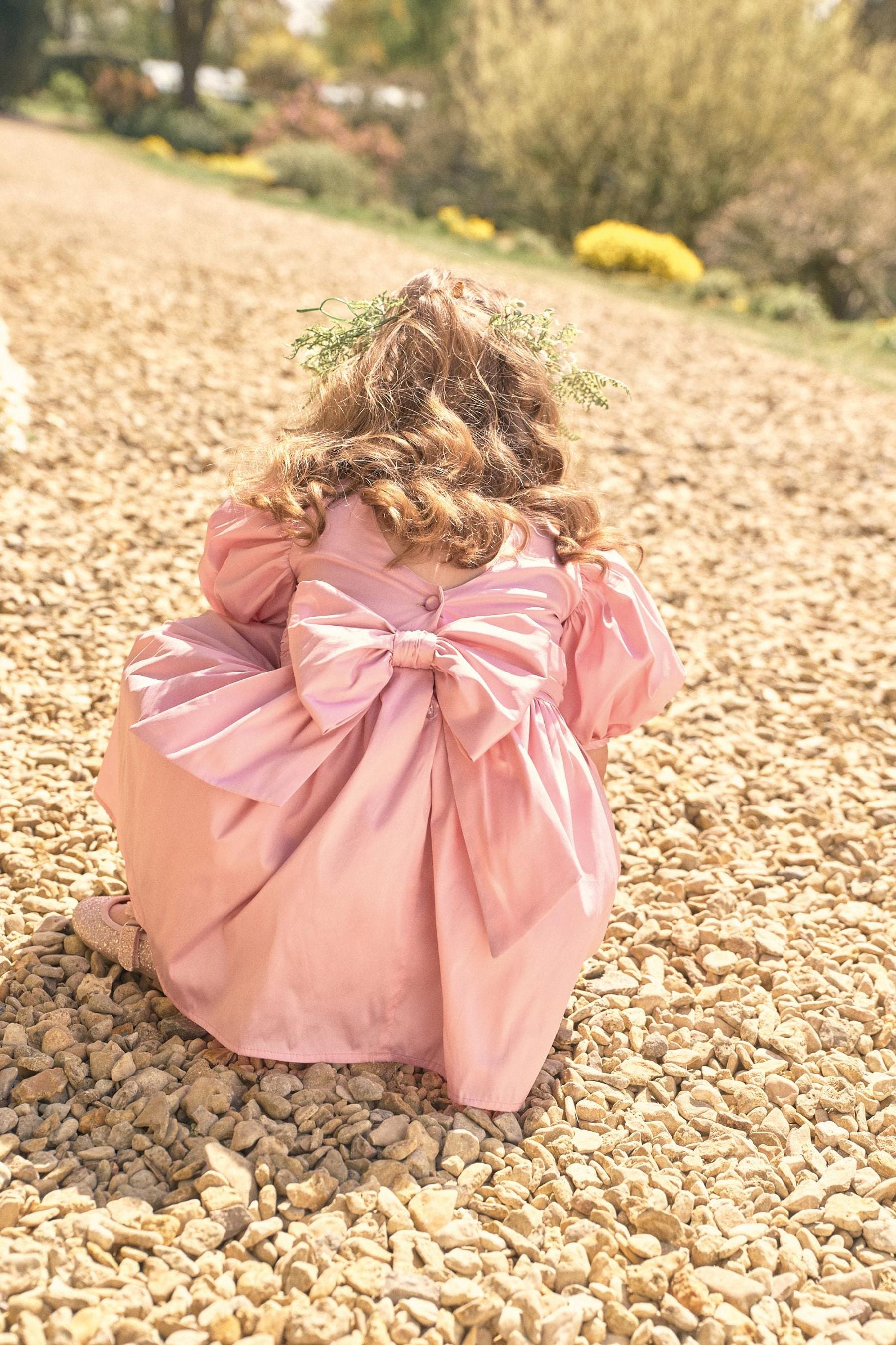 Pink Taffeta Flower Girl Bow Dress (3mths-8yrs)