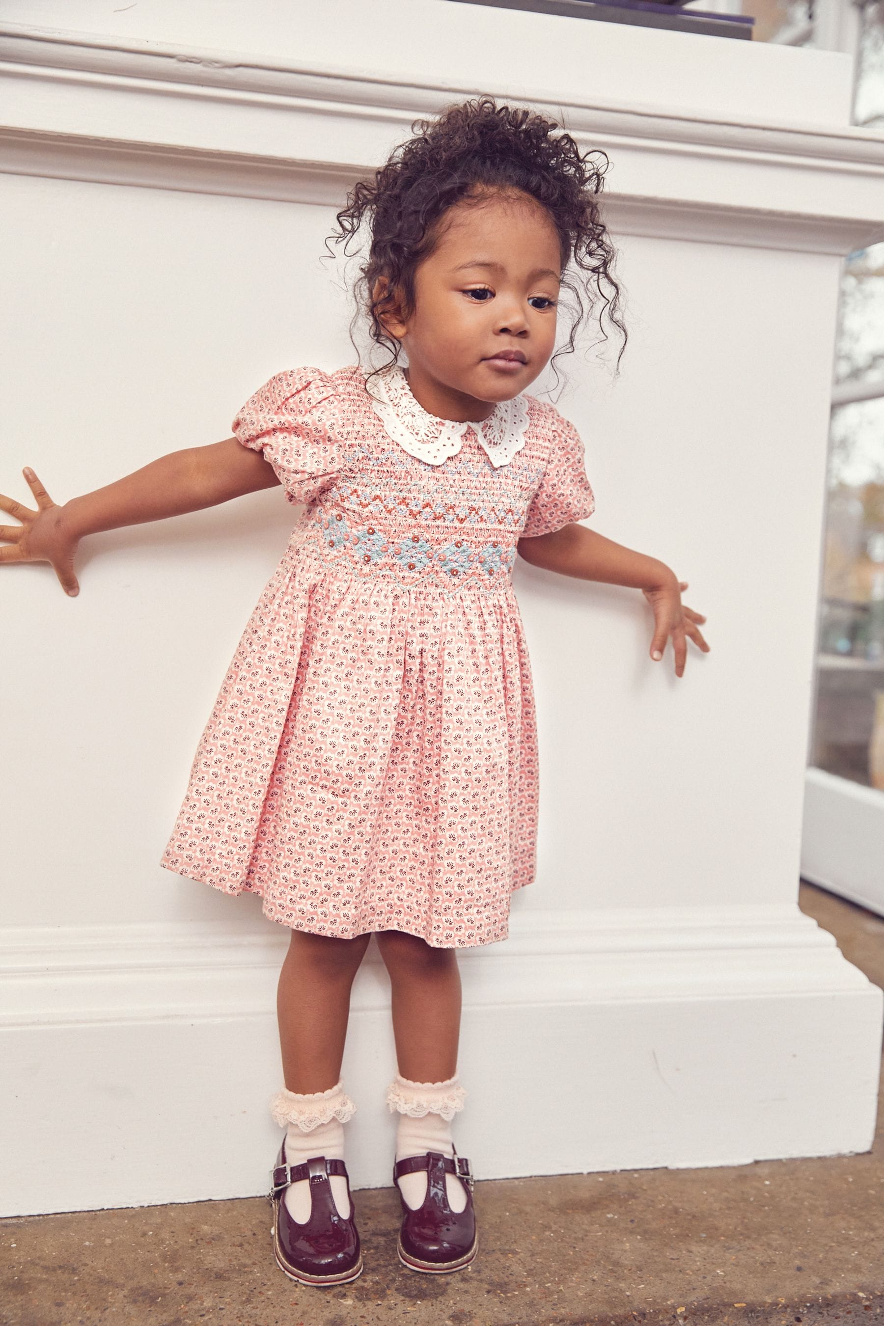 Pink Geo Printed Lace Collar Shirred Cotton Dress (3mths-7yrs)