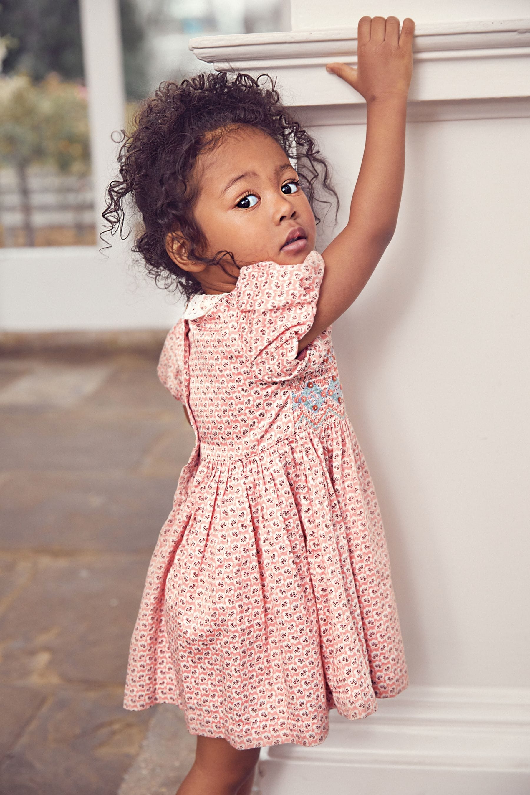 Pink Geo Printed Lace Collar Shirred Cotton Dress (3mths-7yrs)