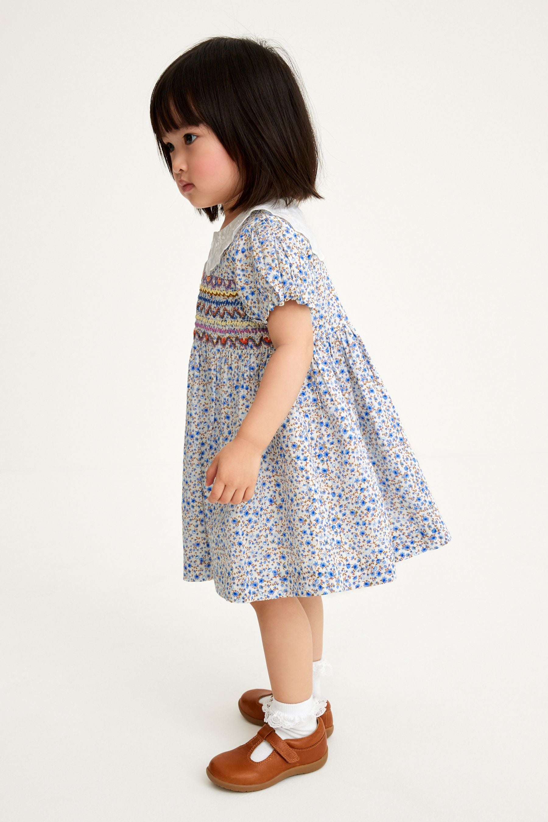 Pale Blue Ditsy Lace Collar Shirred Cotton Dress (3mths-8yrs)