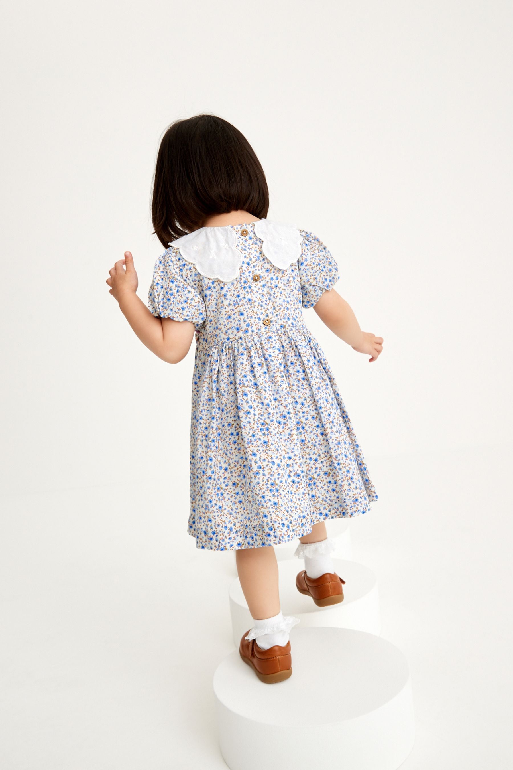 Pale Blue Ditsy Lace Collar Shirred Cotton Dress (3mths-8yrs)